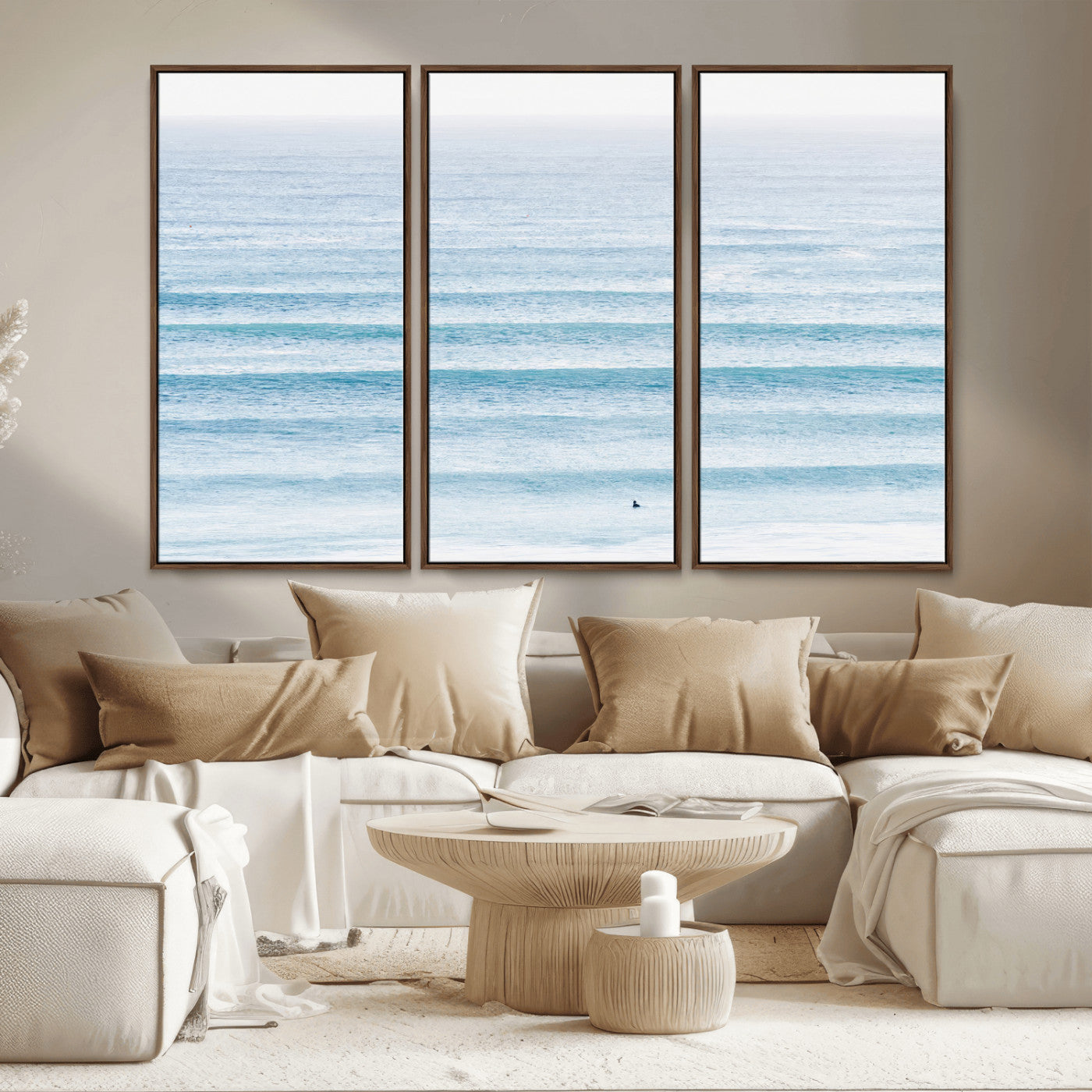 77145995-MGV-CV-36X24-Ocean Wave Surfer Wall Art – Framed Minimal Seascape Canvas Artwork, Calm Blue Water Design, Coastal Decor for Home, Office