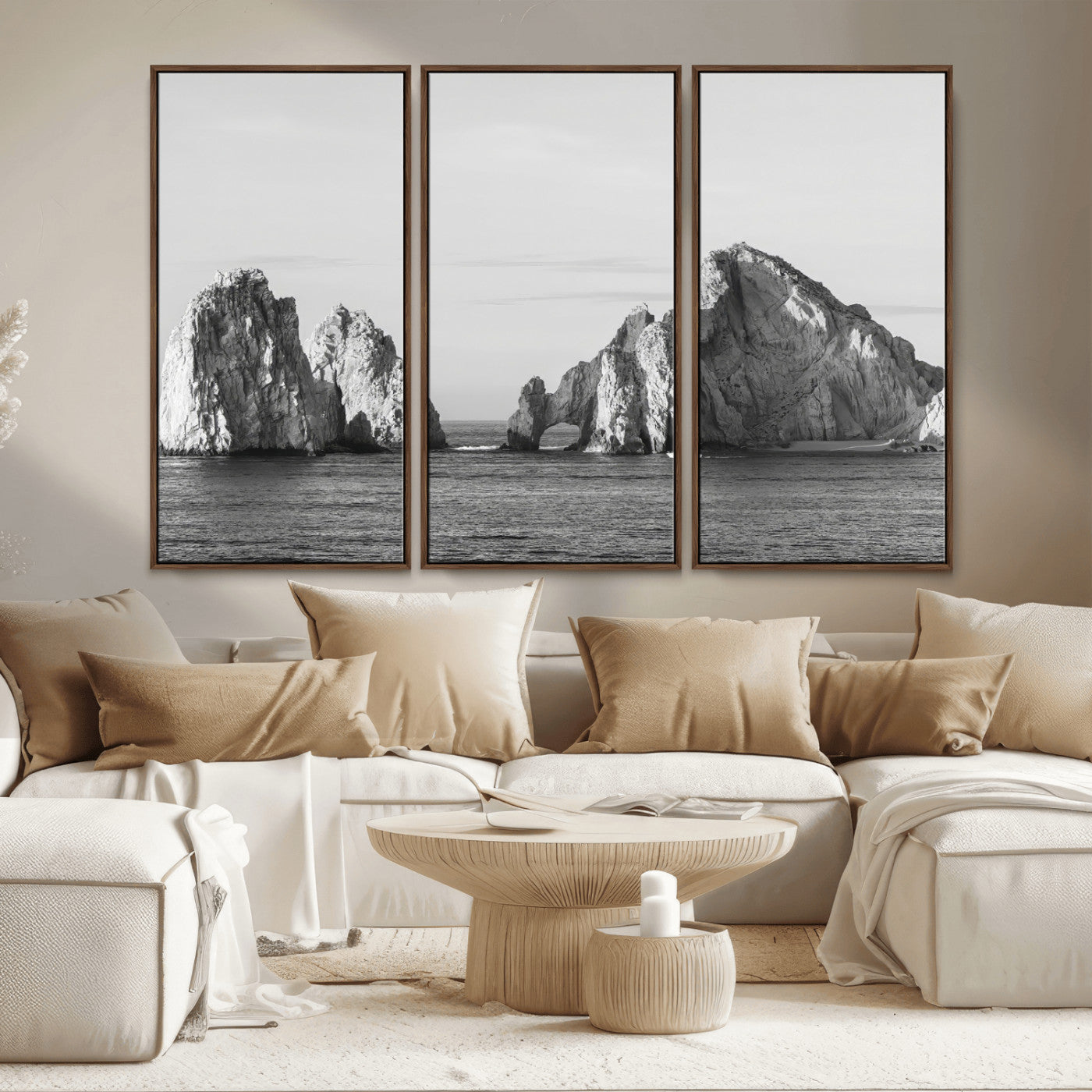 MGV-FC-48X32-3P - Rugged Coastline Wall Art Canvas Print, Framed Ocean Cliffs Art Picture Print, Monochrome Seascape Perfect Coastal Minimalist Decor Artwork