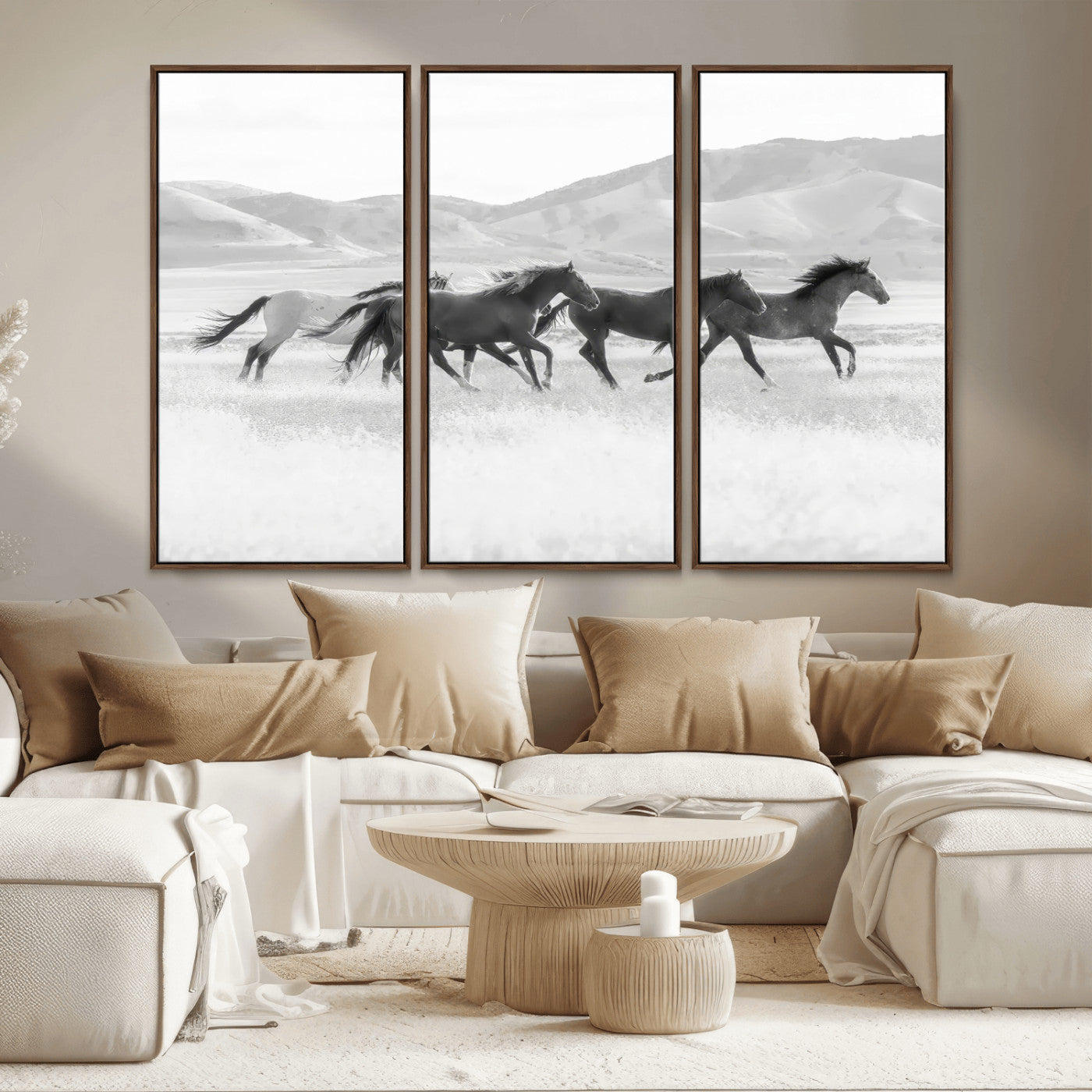 MGV-FC-48X32-3P - Wild Horses Wall Art – Black & White Canvas Print of Herd Running, Nature in Motion, Freedom & Beauty Decor for Guest Room, Office or Living Room