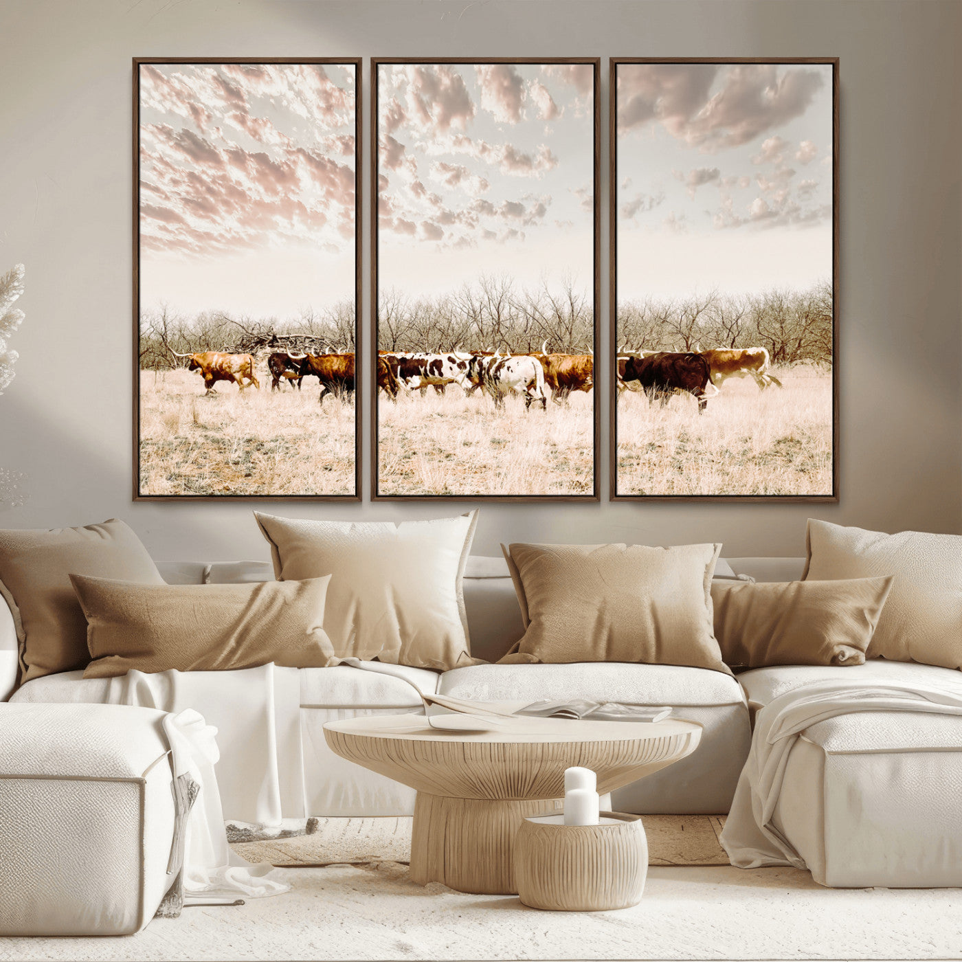 -Longhorn Cattle Wall Art Canvas Print, Framed Texas Ranch Art Picture Print, Western Cow Perfect