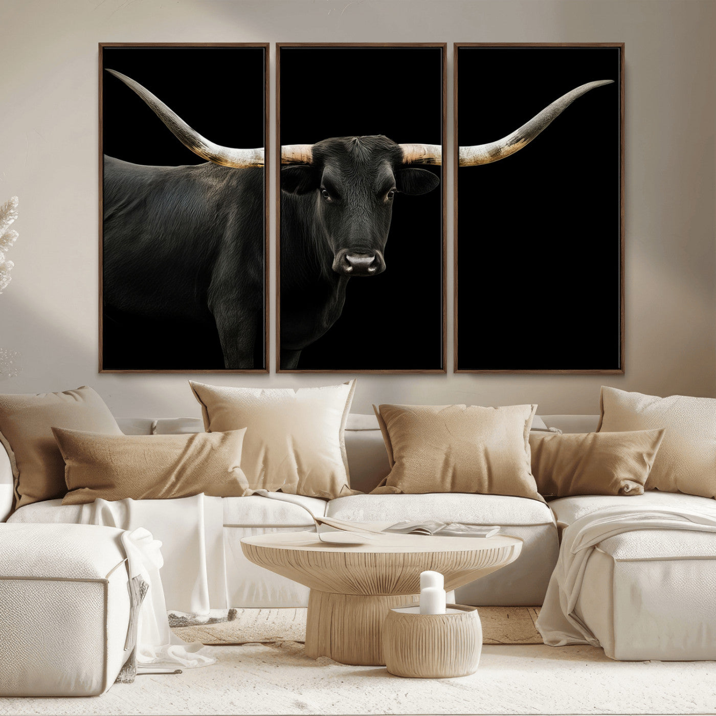 99448328-MGV-CV-36X24-Longhorn Cattle Wall Art Canvas Print – Framed Texas Ranch Scene with Western Cow Artwork for Home, Office, Living Room