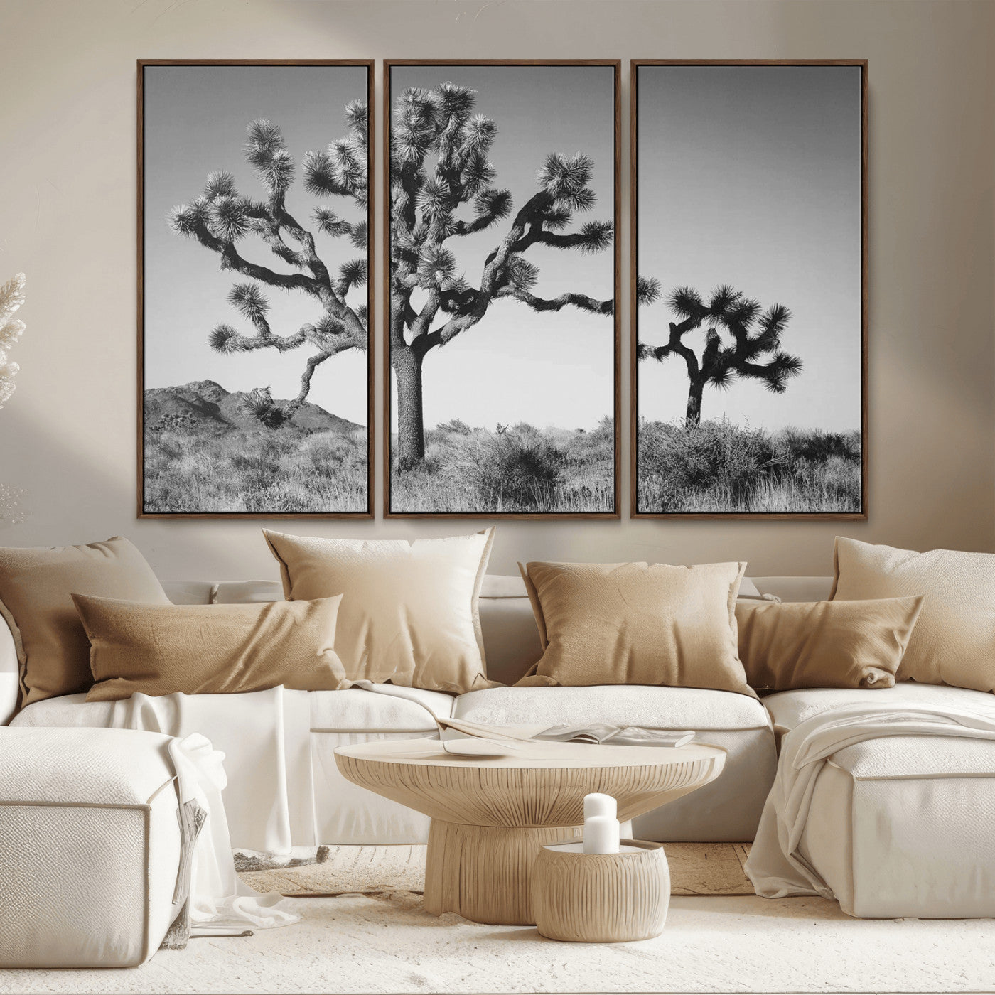 93692513-MGV-FC-48X32-3P_Walnut-Joshua Tree Wall Art Canvas Print – Framed Monochrome Desert Minimalist Nature Scene Southwestern Artwork for Home Office
