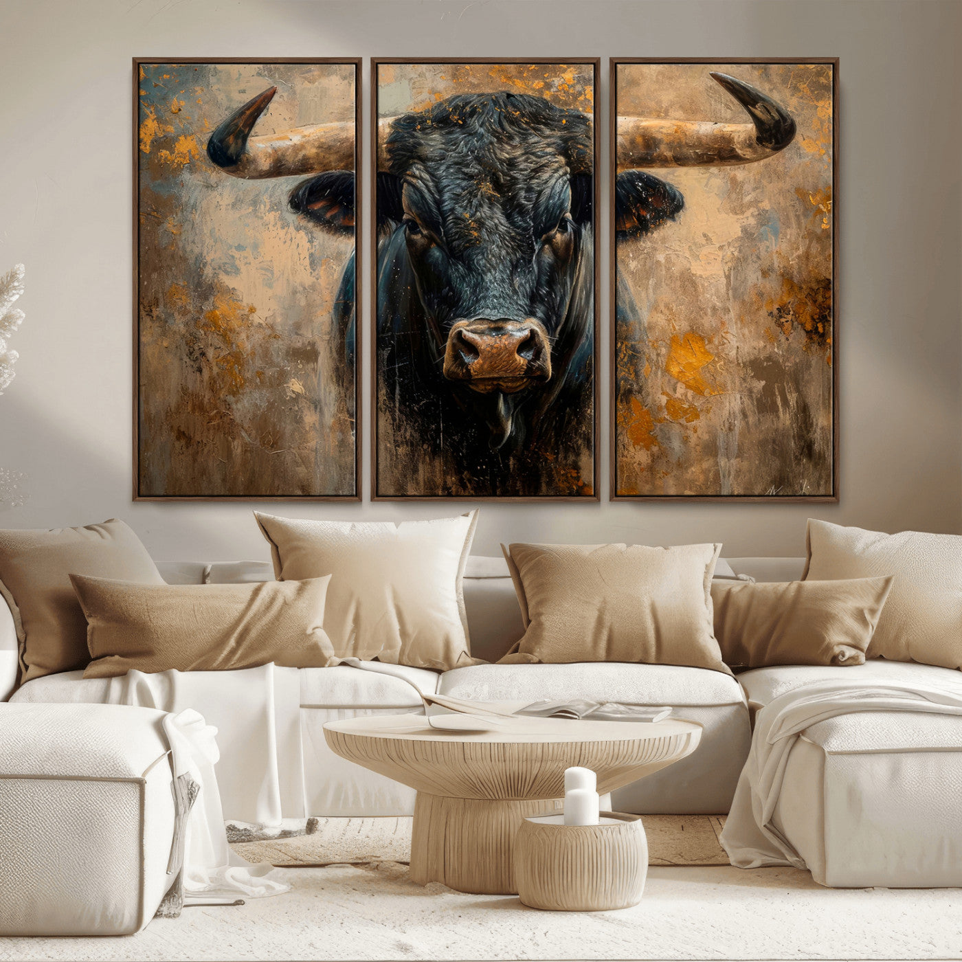 91615410-MGV-CV-36X24 - Abstract Texas Longhorn Bull Wall Art – Rustic Farmhouse Canvas Print, Western Cabin Style Decor, Large Animal Artwork for Living Room or Office