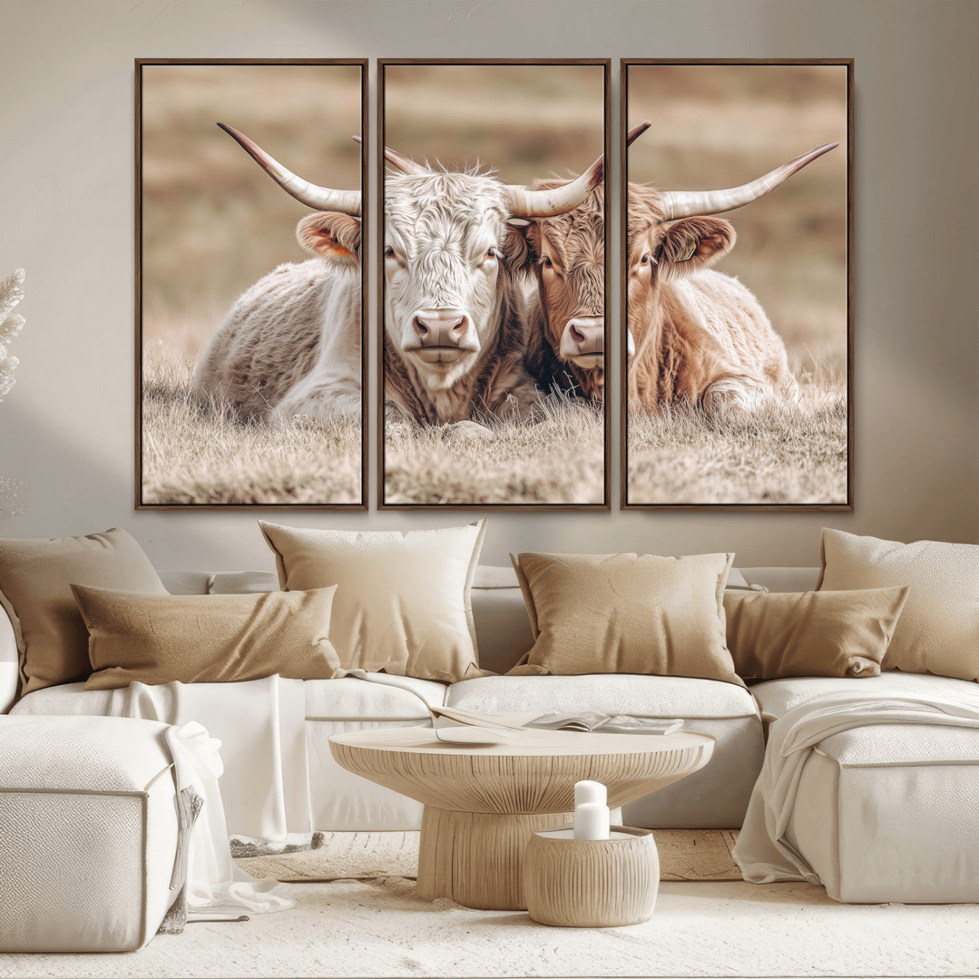 38651722-MGV-CV-36X24 - Highland Cows Meadow Canvas Wall Art – Peaceful Cow Photography Print, Rustic Farmhouse Animal Decor for Country Home, Living Room, Office