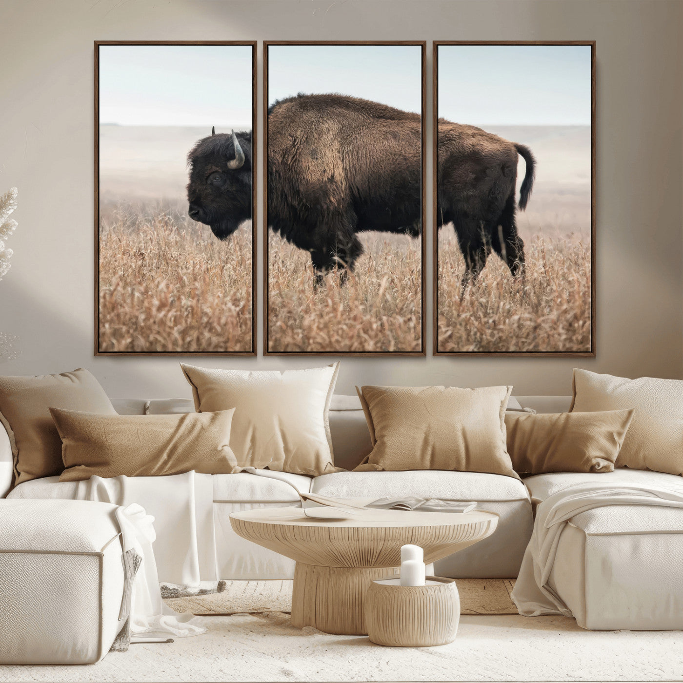 -American Bison Field Wall Art Canvas Print – Majestic Buffalo Grazing Wide Open Plains Wildlife Artwork for Home, Office