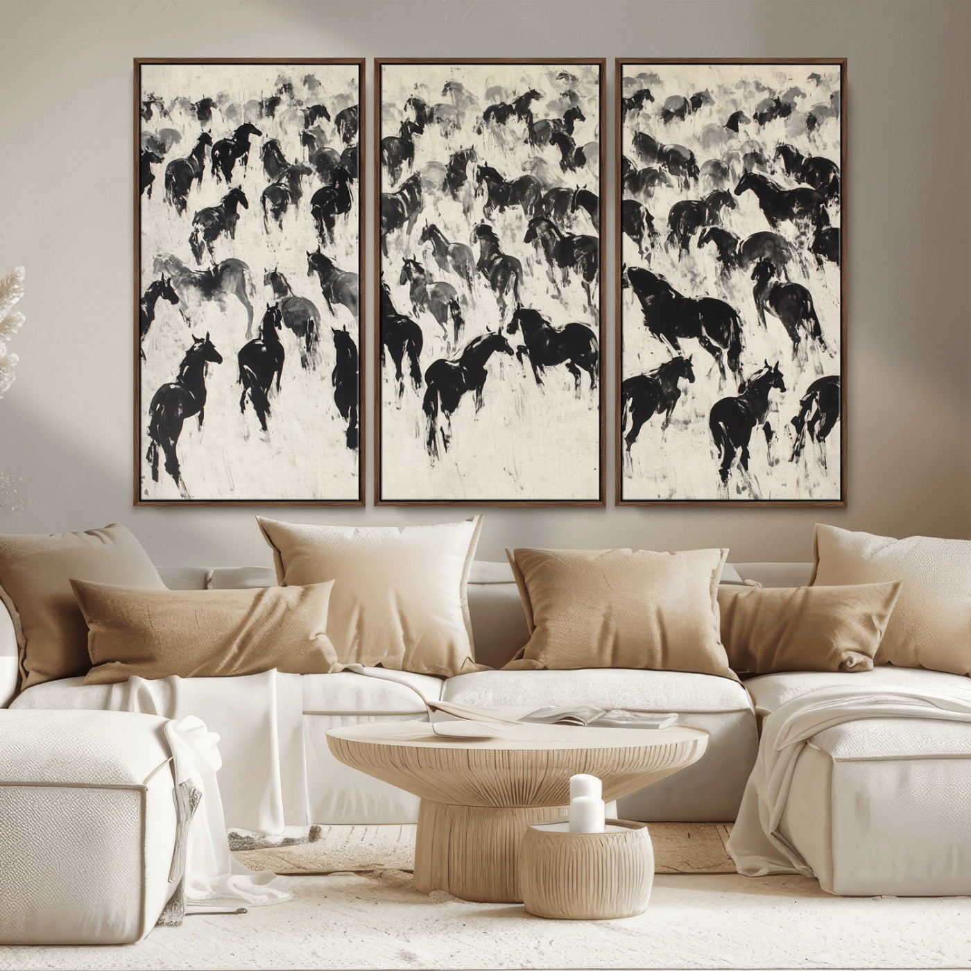 -Wild Horse Stampede Wall Art Canvas Print – Monochrome Running Horses Dynamic Motion Elegant Scene Artwork for Home, Office