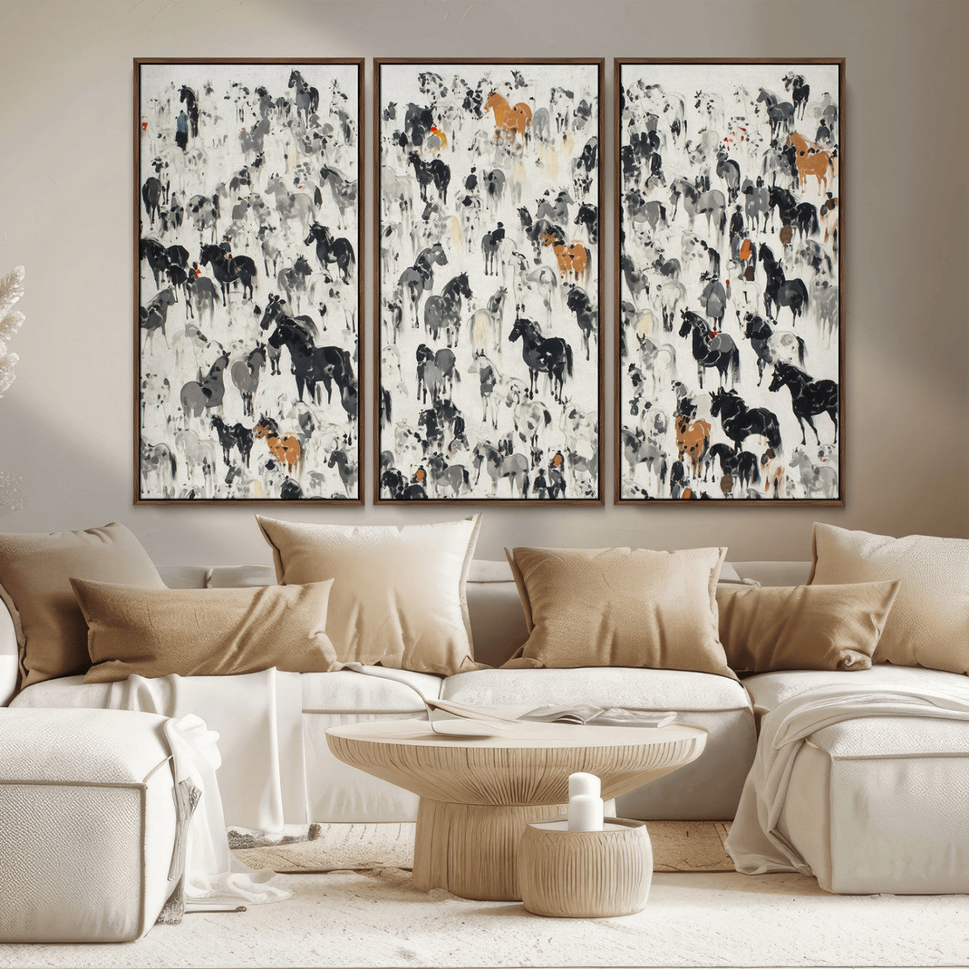 56463722-MGV-CV-36X24-Wild Horse Stampede Wall Art Canvas Print – Monochrome Running Horses Dynamic Motion Elegant Scene Artwork for Home, Office