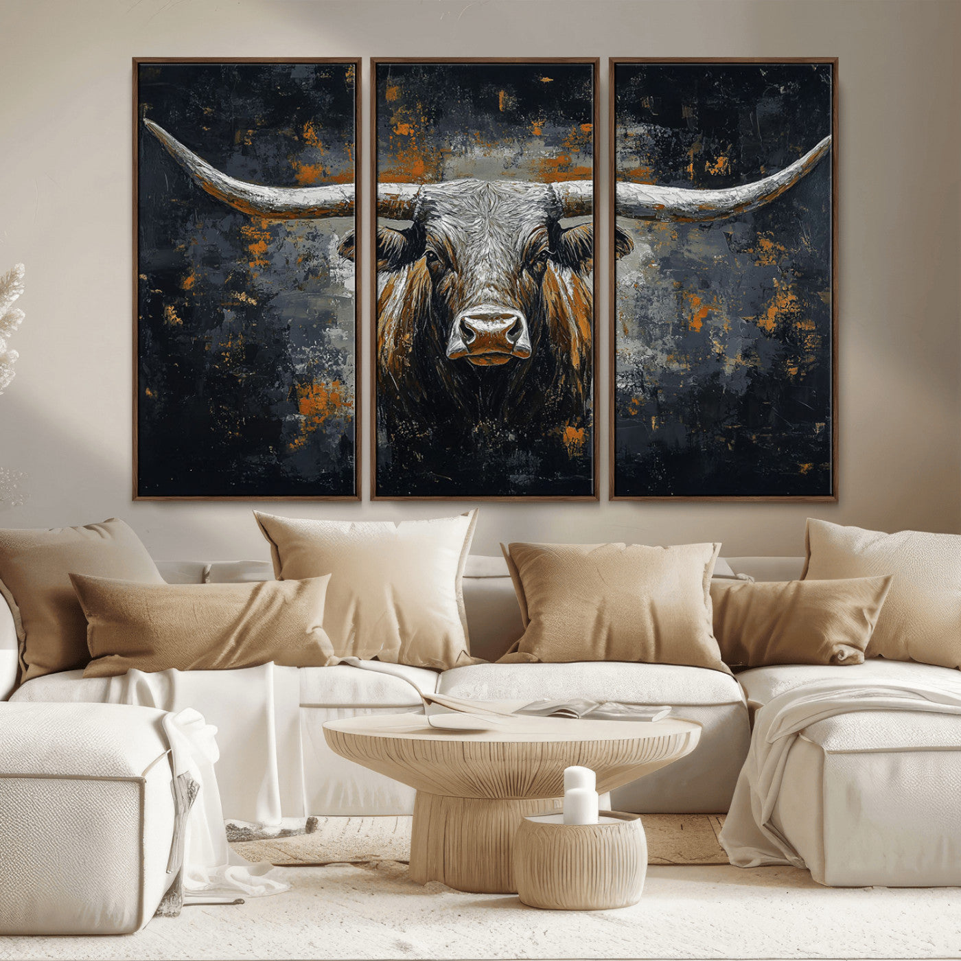93195031-MGV-CV-36X24-Rustic Longhorn Bull Wall Art Canvas Print – Vintage Western Cattle Scene, Texas Steer Artwork for Home, Office