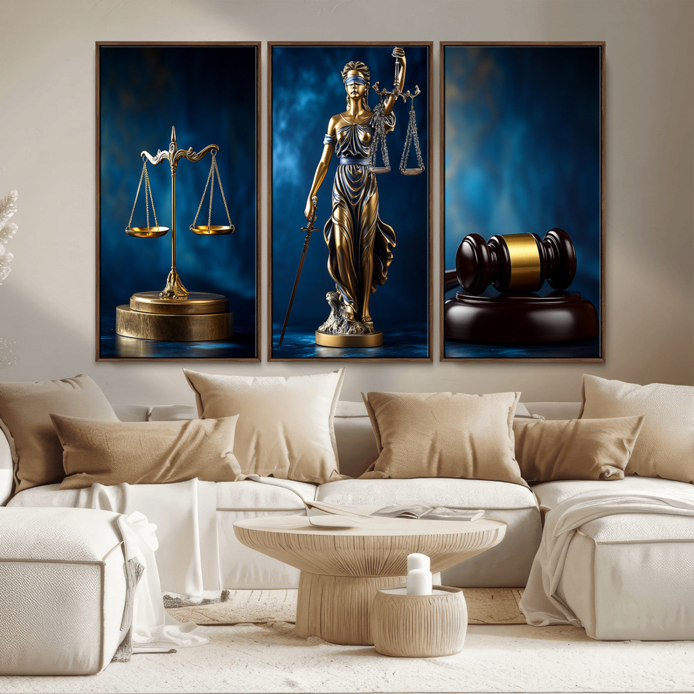 33888279-MGV-FP-36X24-3P_Walnut-Lady Justice Wall Art Canvas Print – Elegant Gold Legal Symbols Blue Background, Perfect for Law