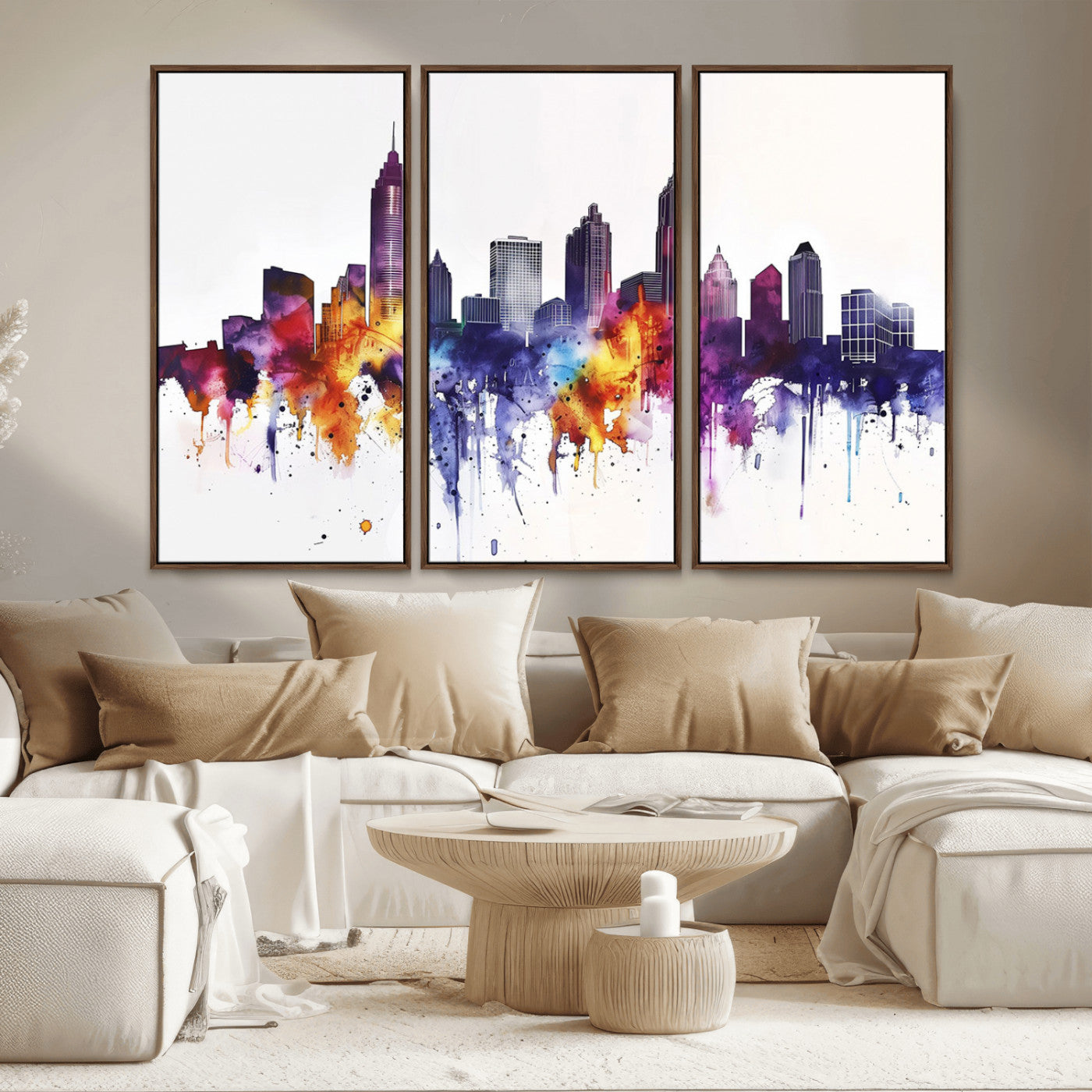 34479880-MGV-CV-36X24-Atlanta Skyline Wall Art Canvas Print – Framed Colorful Watercolor Cityscape Artwork for Home, Office, Living Room