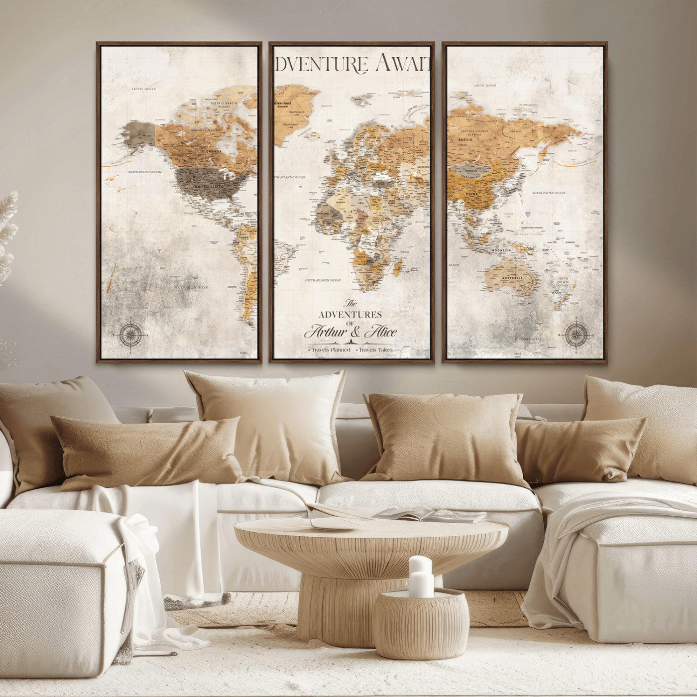 Rehber01-MGV-CV-36X24-Personalized World Map Canvas Print – Custom Push Pin Travel Map Vintage Neutral Style Gift for Couples Travelers for Home Office