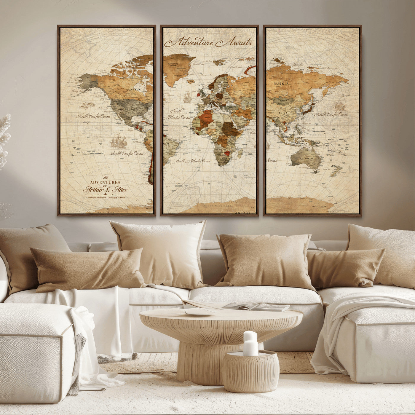 Rehber01-MGV-CV-36X24-Customizable Framed World Map Canvas Print – Personalized Push Pin Travel Map Gift for Couples Explorers for Home, Office