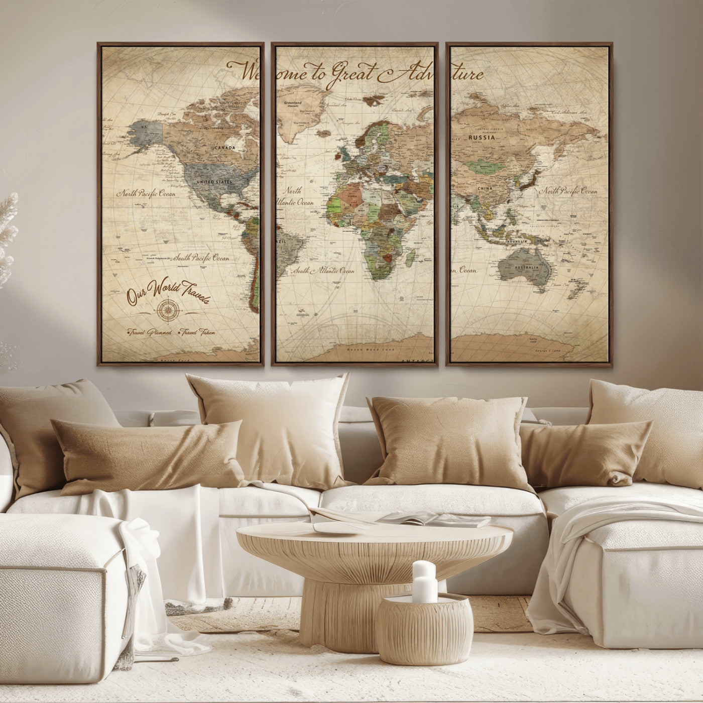-Personalized Antique World Map Canvas Print – Custom Push Pin Travel Tracker Vintage Adventure Gift for Couples for Home, Office