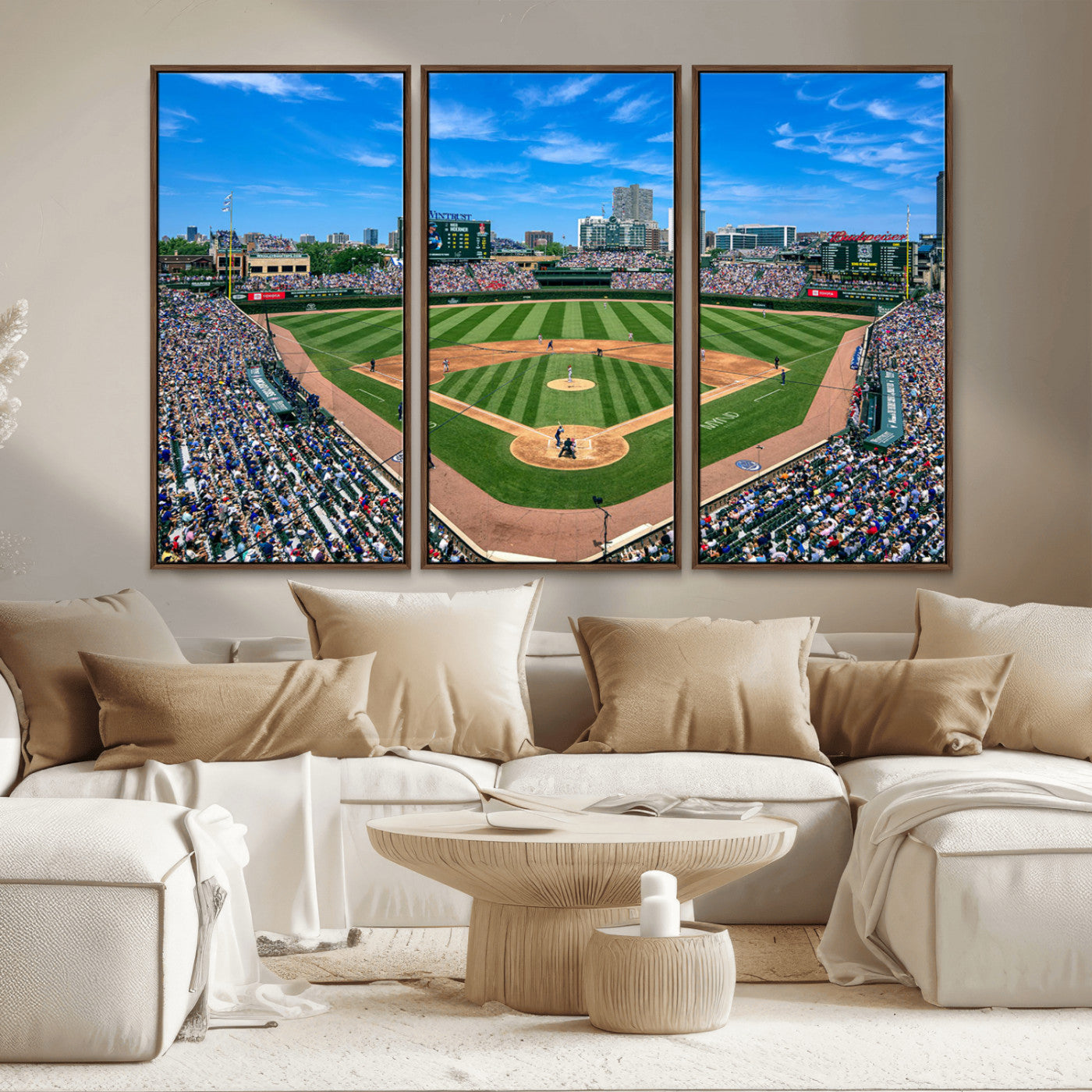 35800083-MGV-FC-48X32-3P - Wrigley Field Baseball Stadium Canvas Wall Art – Packed Crowd Sports Stadium City Skyline Artwork for Home Office