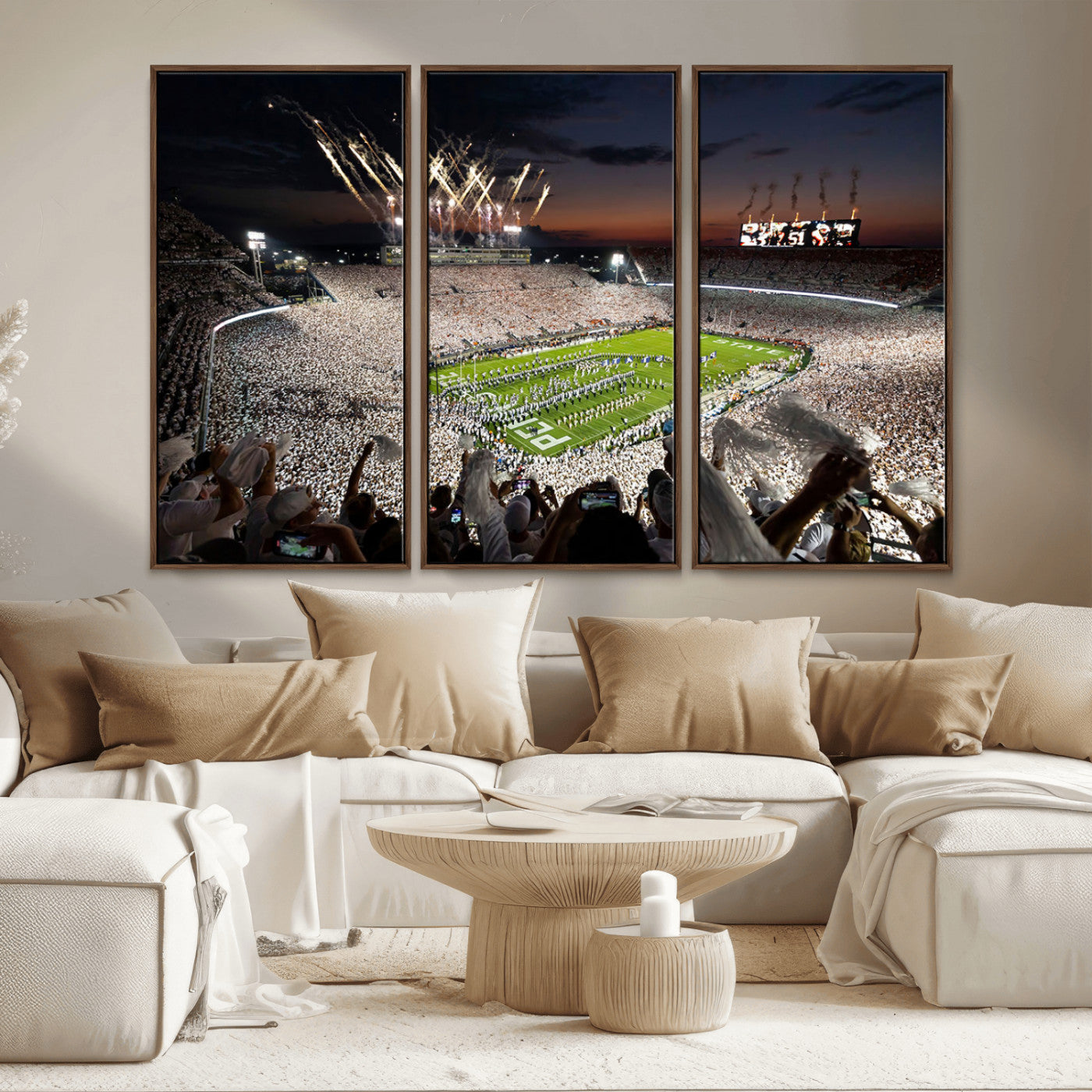 11221988-MGV-FC-48X32-3P - Epic Night Football Stadium Wall Art Canvas Print, Fireworks and Crowd Energy Game Day Excitement Decor for Home, Office