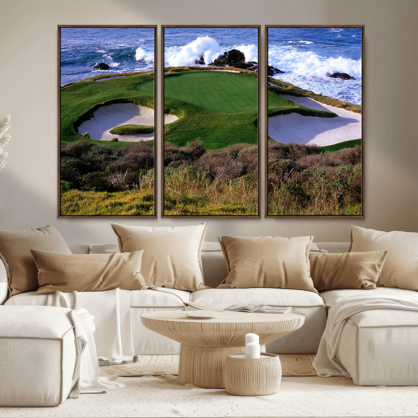 22776914-MGV-CV-36X24-Ocean Cliff Golf Green Canvas Print – Framed Majestic Coastal Scene with Lush Green Artwork for Home, Office