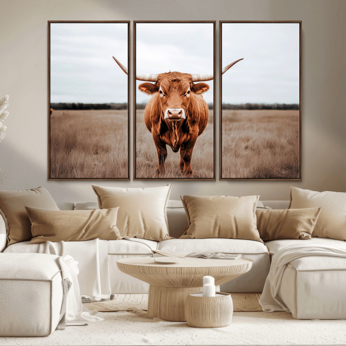 16316734-MGV-FC-48X32-3P - Longhorn bull, open field, rustic charm, natural beauty, Wall Art Canvas Print, countryside,