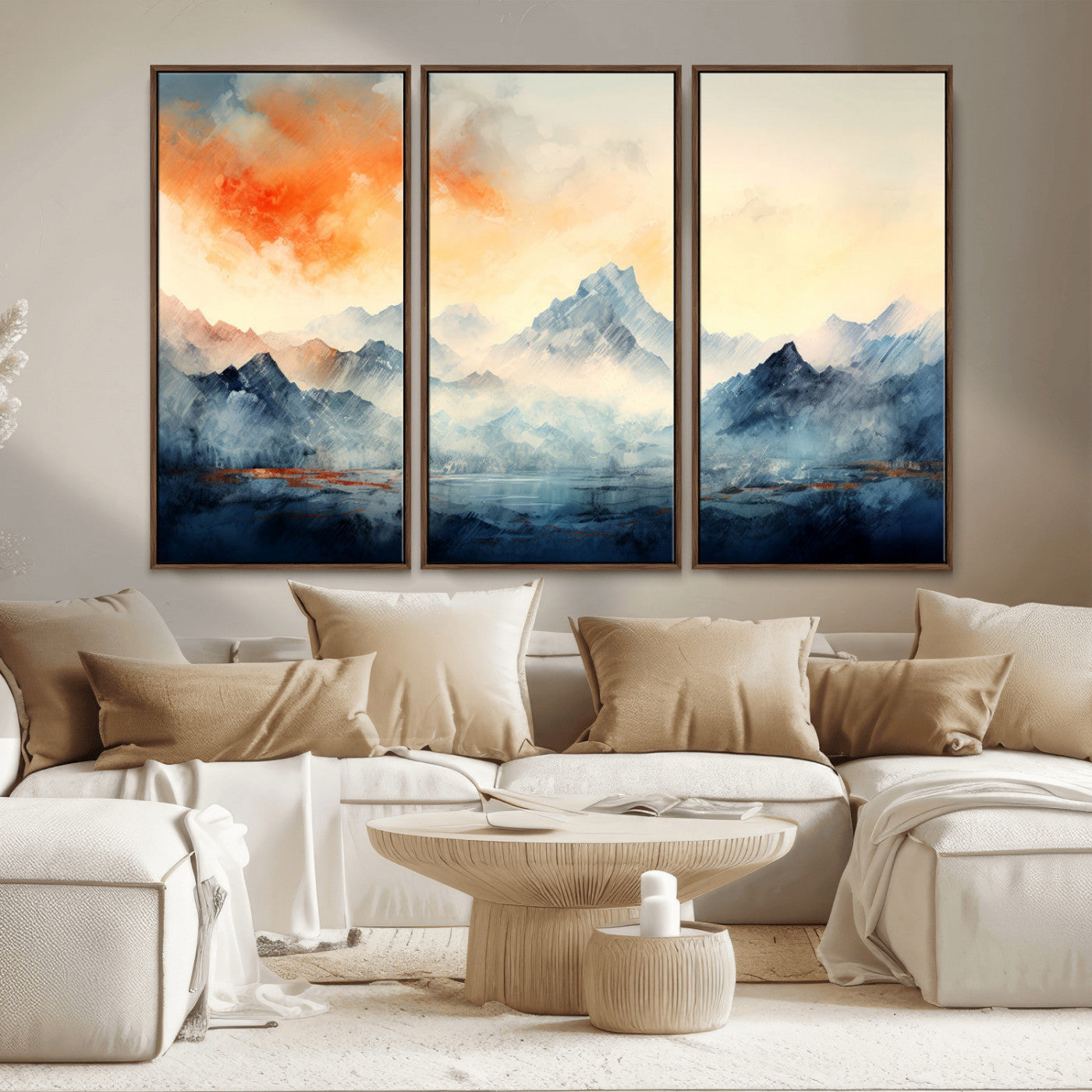 WRM1005-MGV-FC-48X32-3P - Warm Clouds Abstract Mountain Wall Art, Modern Landscape Canvas Print, Minimal Framed Artwork for Home, Office