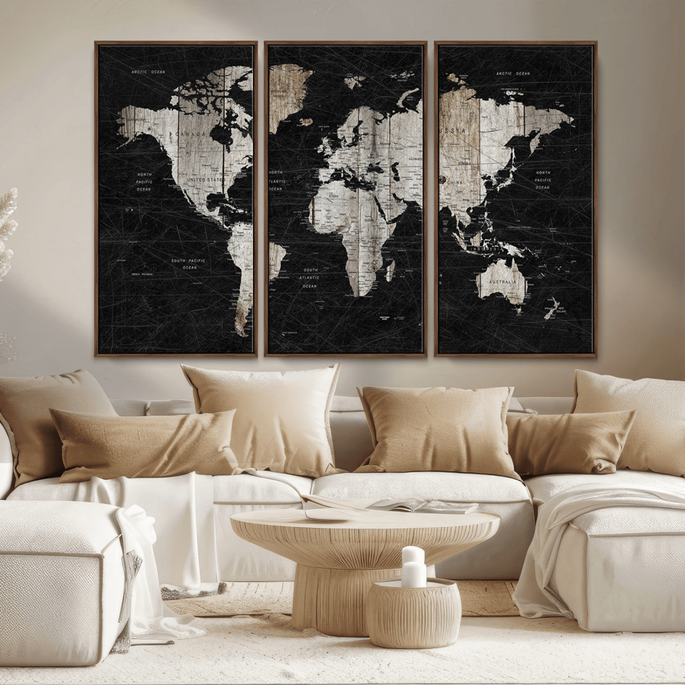 89998-MGV-CV-36X24-Rustic Black and Wood World Map Canvas Wall Art – Framed Push Pin Travel Map for Home and Office Decor, Modern Vintage Wall Artwork
