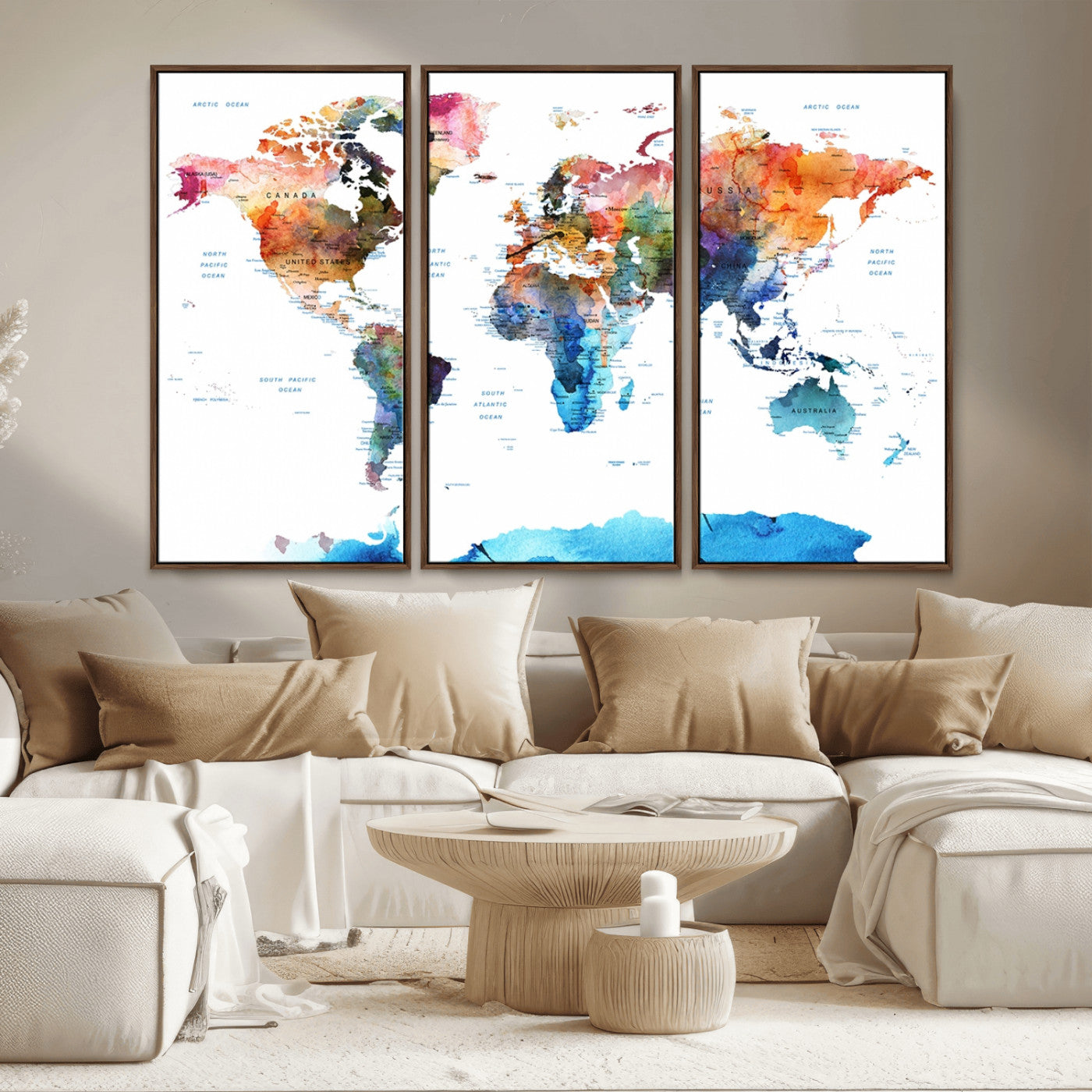 11576-MGV-CV-36X24-Vibrant Watercolor World Map Canvas Wall Art – Framed Push Pin Travel Map for Home and Office Decor, Modern Colorful Wall Artwork