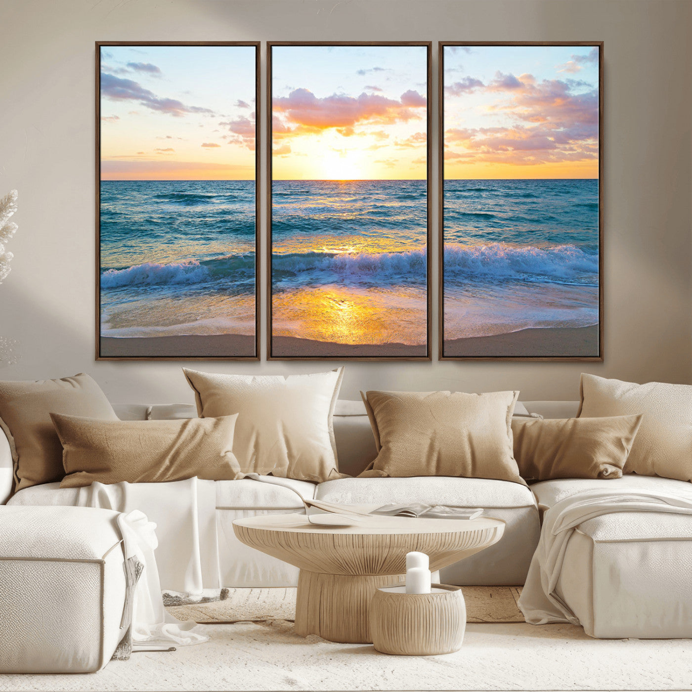 63383-MGV-FC-48X32-3P_Walnut-Golden Sunset Over Ocean Waves - Serene Coastal Triptych Wall Art for Relaxing Home Decor, Ready to