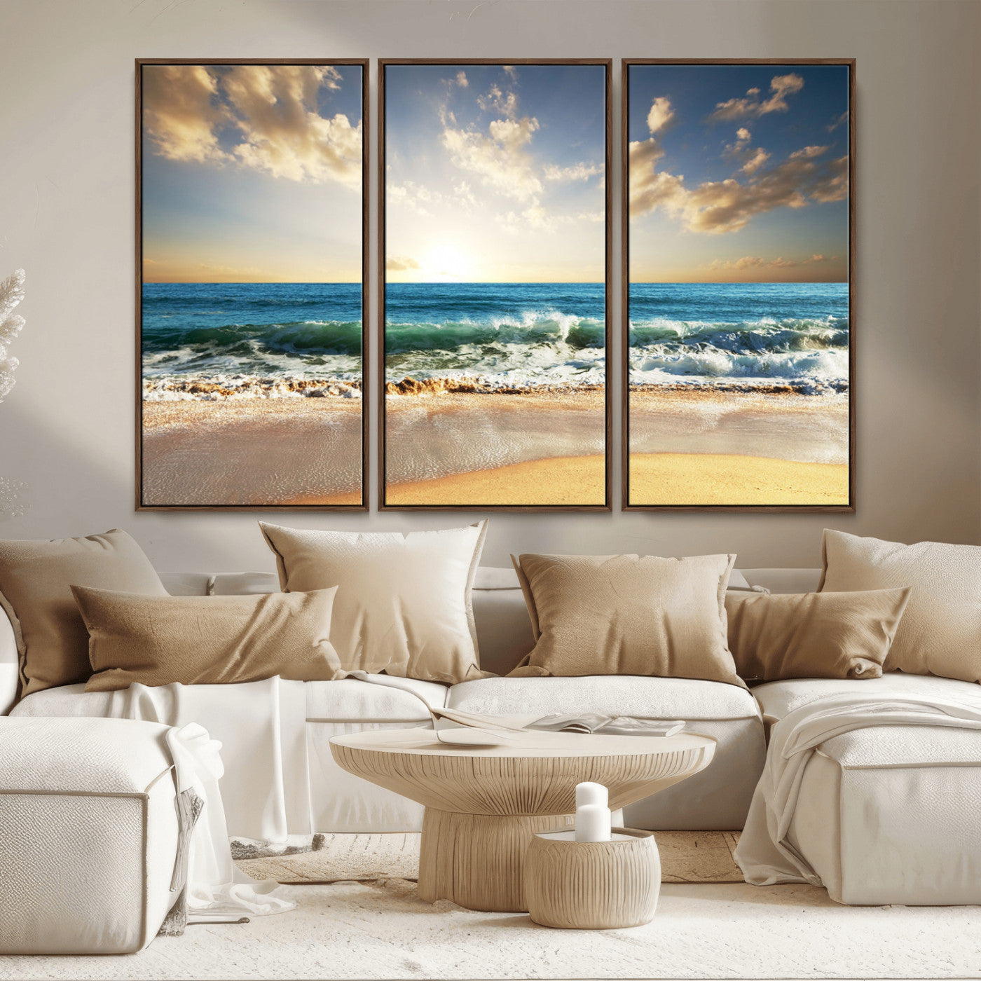 83376-MGV-FC-48X32-3P_Walnut-Golden Sunset Beach Triptych Canvas Wall Art for Living Room – 3-Panel Ocean View, Framed & Ready to