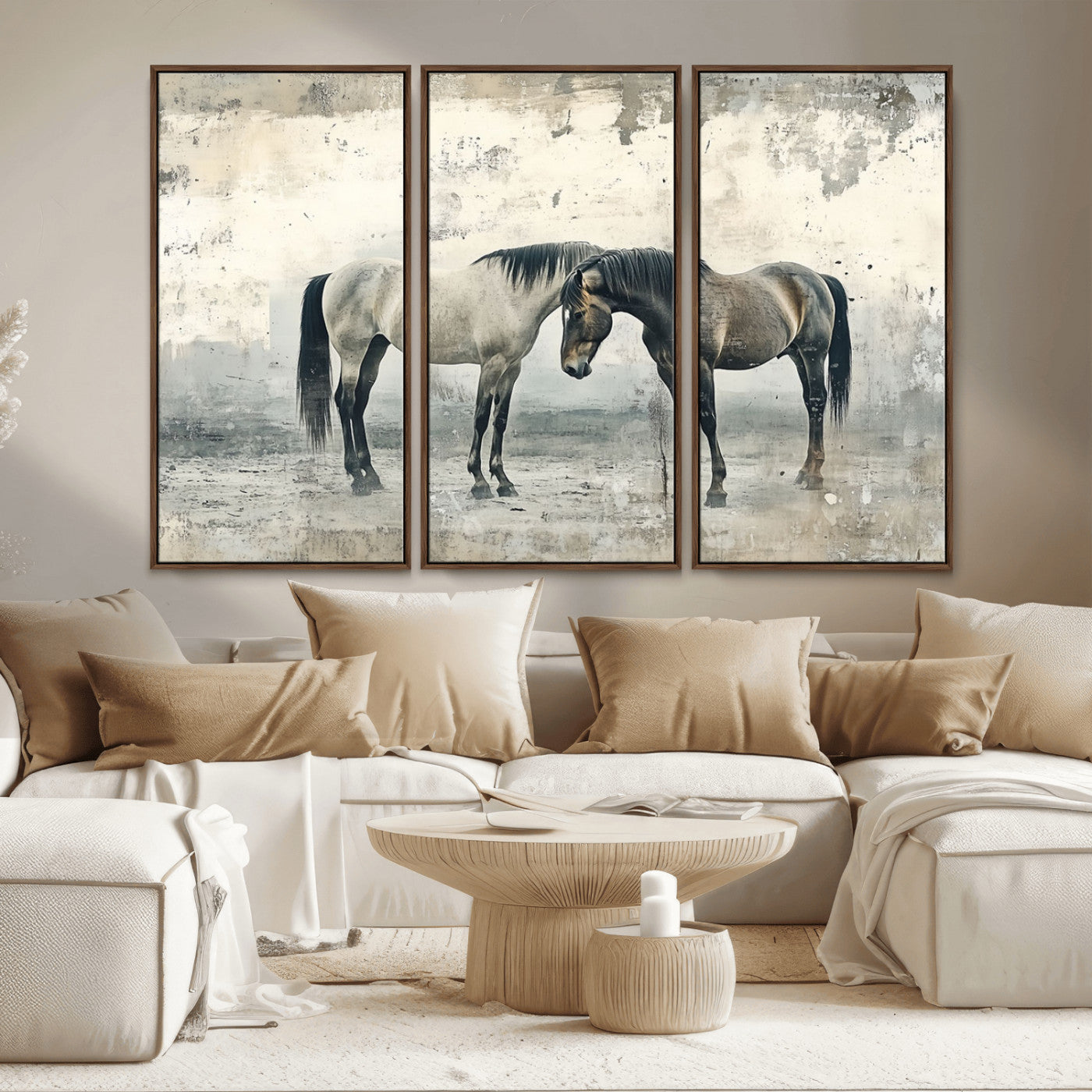 -Chines Style Majestic Horses Wall Art | Ready to Hang and Framed Triptych Print | Western Farmhouse