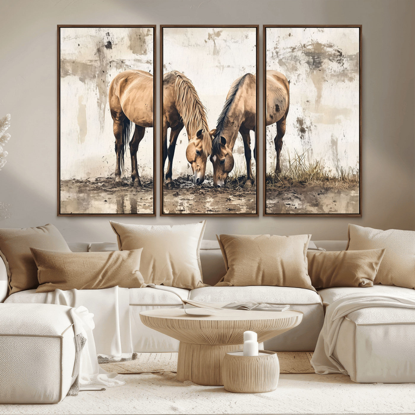 44742-MGV-FC-48X32-3P_Walnut-Vintage Horses Wall Art | Ready to Hang and Framed Triptych | Western Farmhouse Wall Decor for