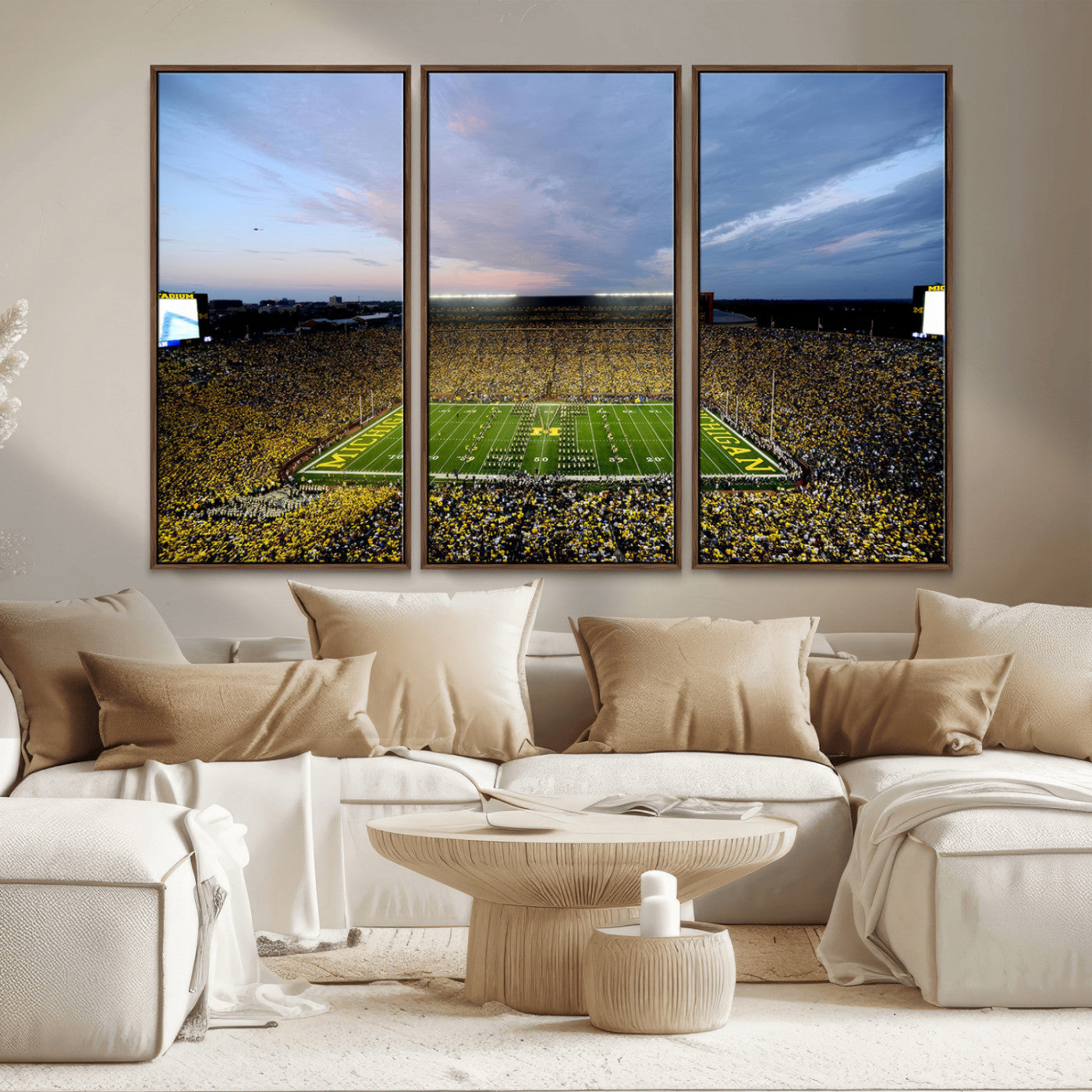 82641-MGV-FC-48X32-3P - Michigan Stadium Wall Art Canvas Print, Vibrant Game Day Crowd and Sunset Sky Football Field Artwork for Home, Office