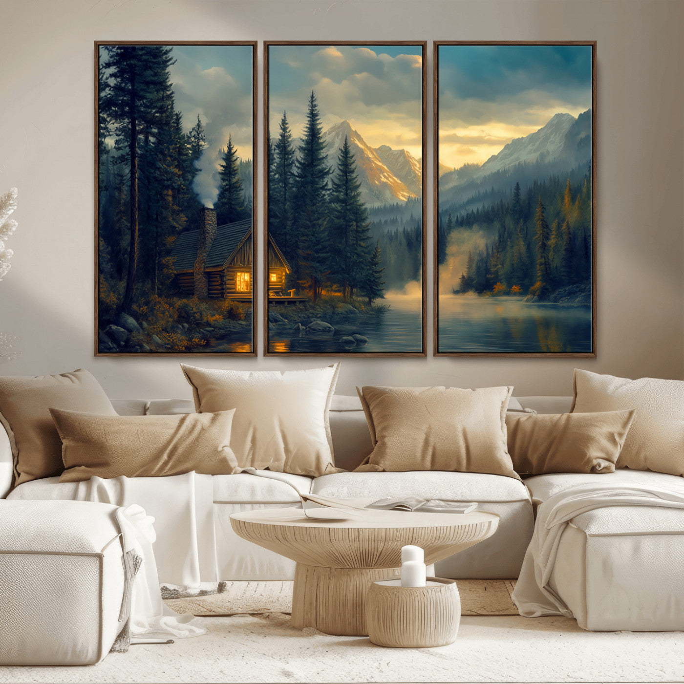 94027-MGV-CV-36X24-Mountain Cabin by the Lake at Sunset Wall Art - Serene Nature Canvas Print for Living Room Decor,