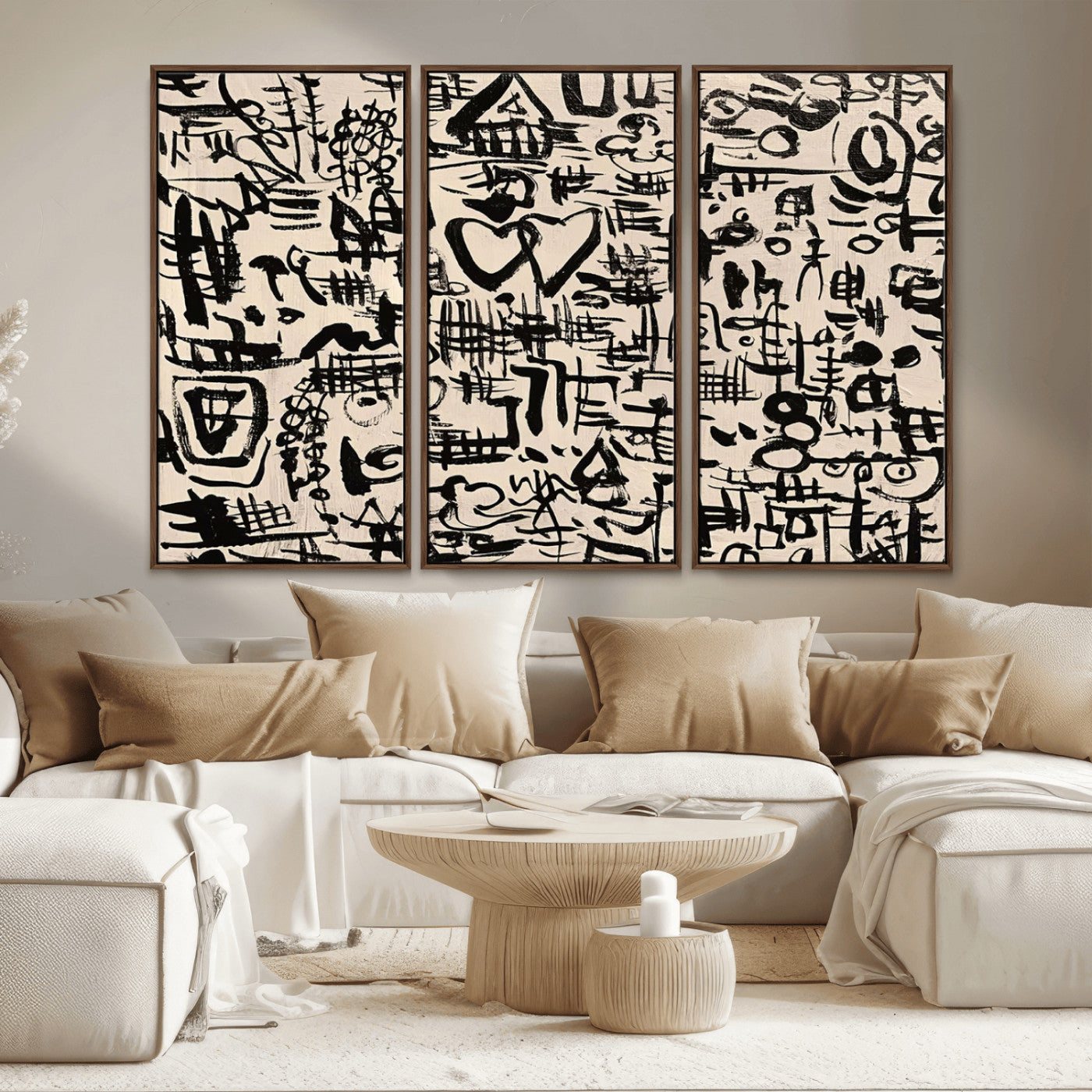68273-MGV-FC-48X32-3P - Abstract Love and Chaos Canvas Print, Black Symbols on Beige
