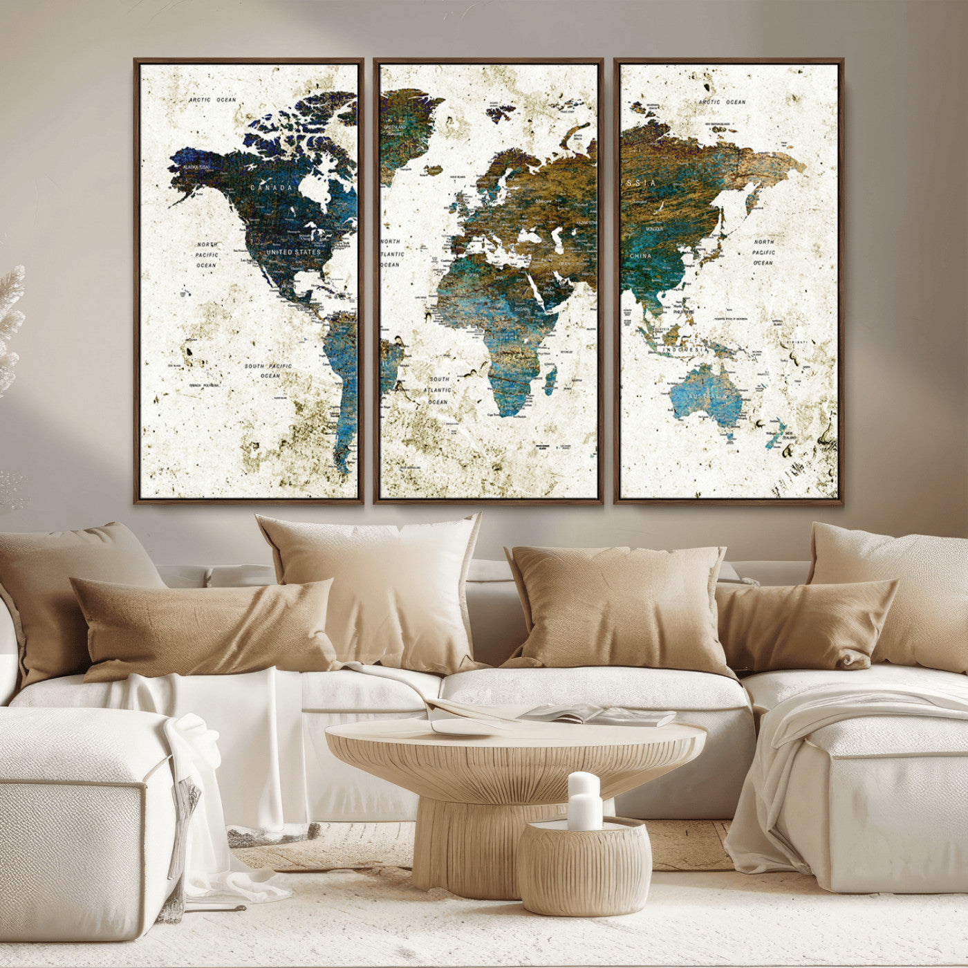 89176-MGV-CV-36X24-Vintage Blue and Brown World Map Canvas Wall Art – Framed Rustic Map Print, Earth Tone Travel Decor for Stylish Home and Office Walls