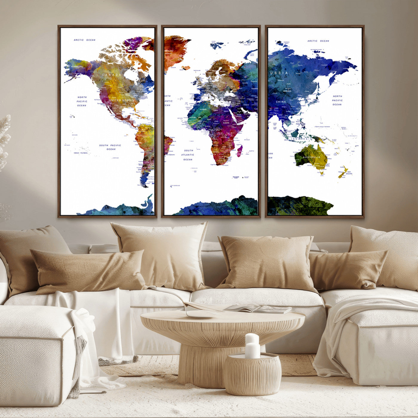 90446-MGV-CV-36X24-Colorful Watercolor World Map Canvas Wall Art – Framed Modern Push Pin Travel Map for Home and Office Decor