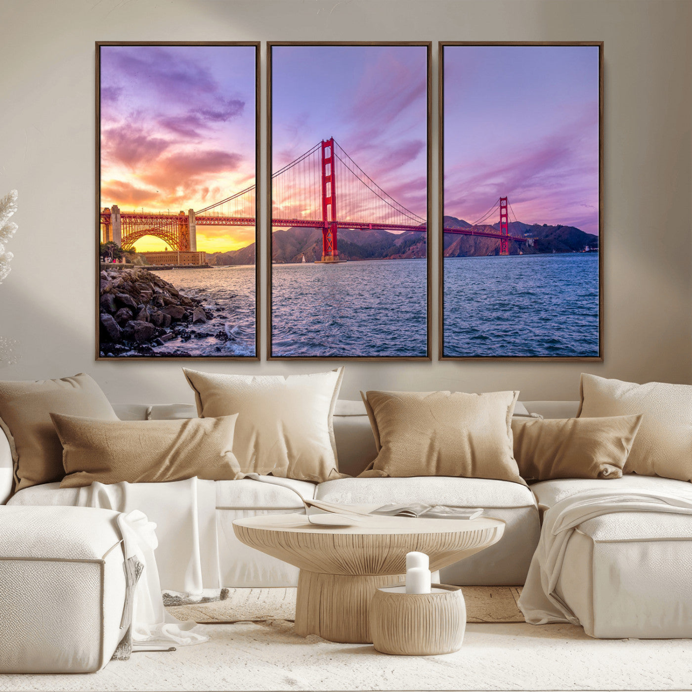 -Golden Gate Bridge Wall Art Canvas Print – Framed San Francisco Sunset Scene with Cityscape Artwork for Home, Office