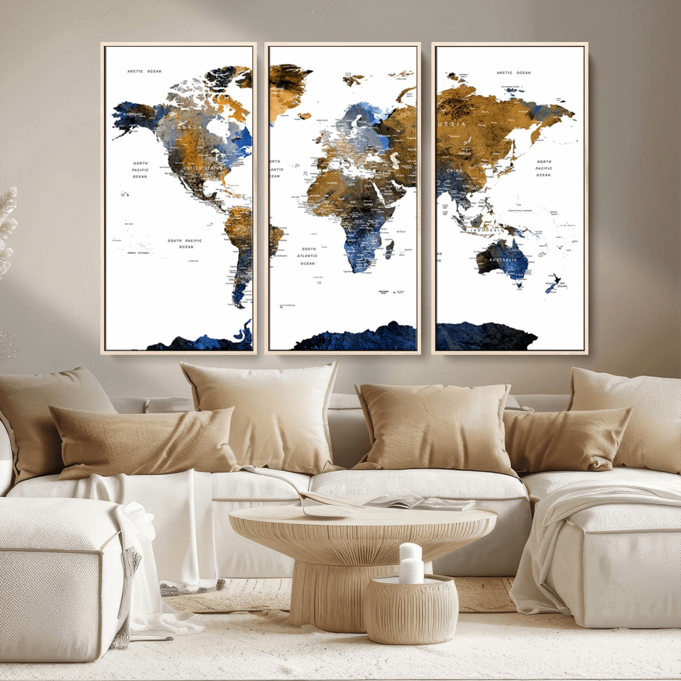 56231-MGV-CV-36X24-Navy and Gold World Map Canvas Wall Art – Framed Modern World Map Print, Elegant Travel Inspired Artwork for Home and Office Decor