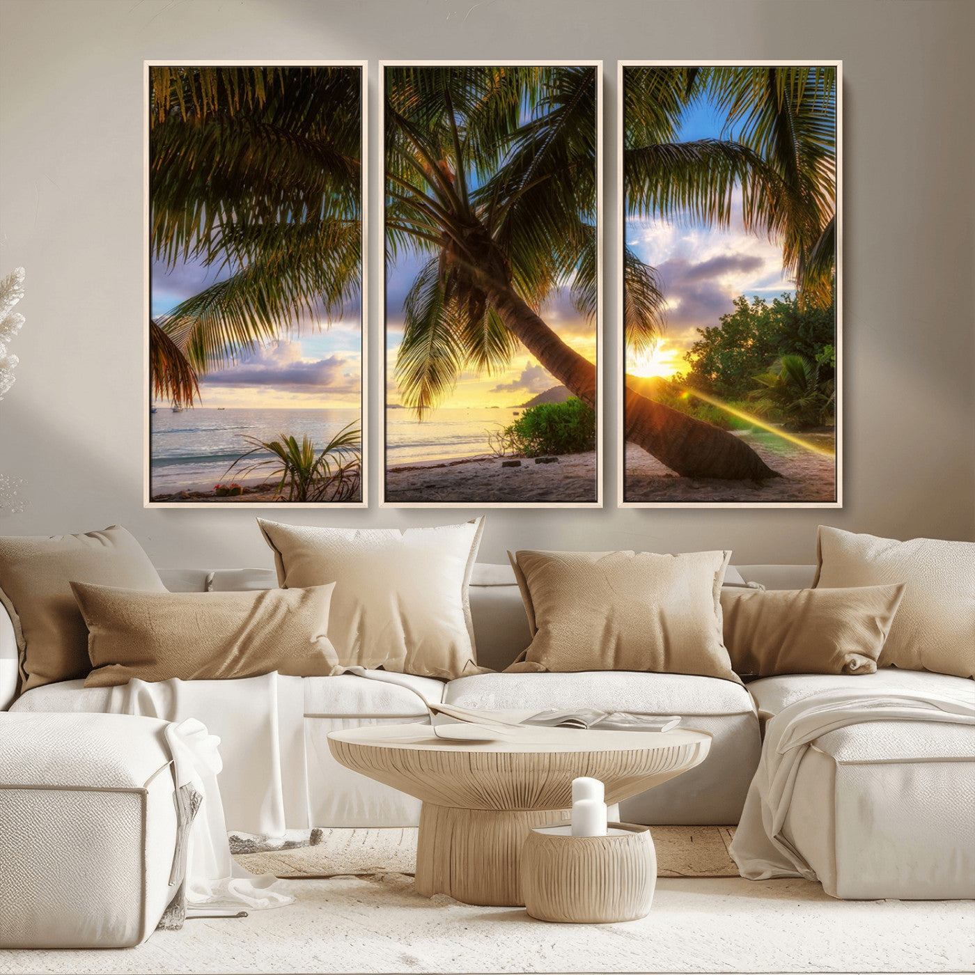 -Tropical Island Sunset on the Beach Palms Wall Art Canvas Print