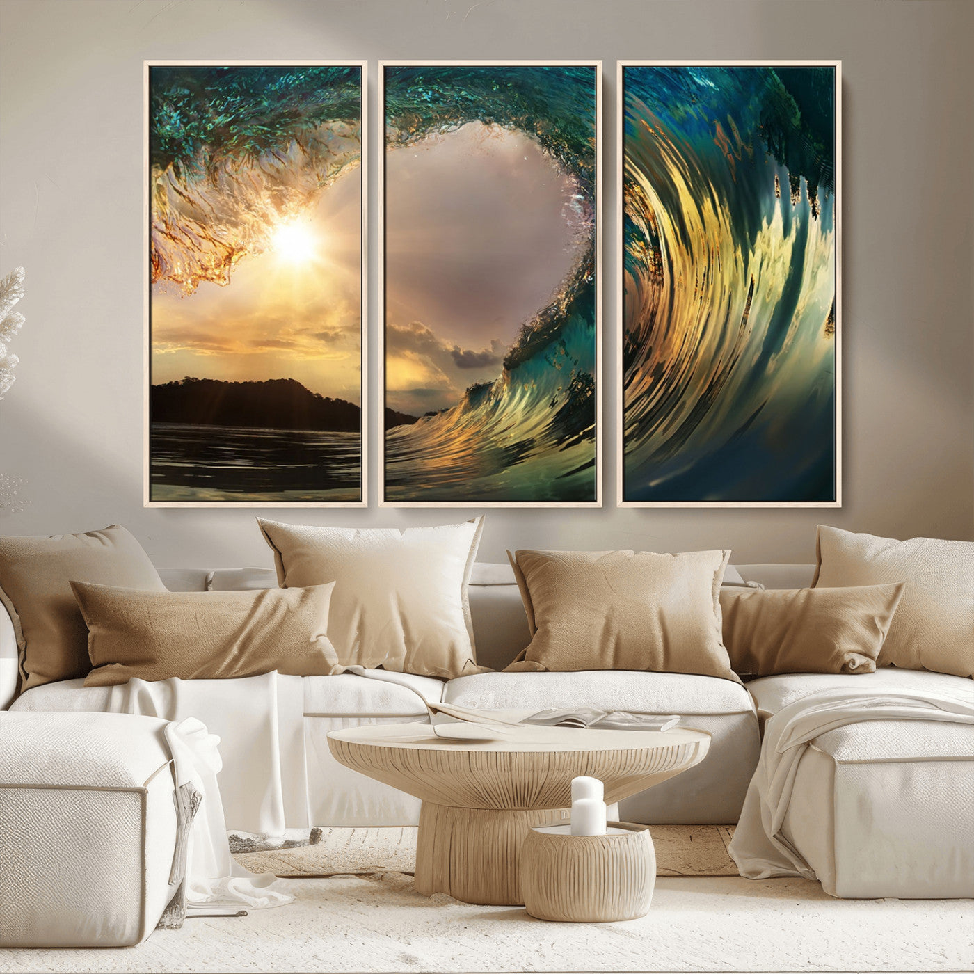 -Golden Wave Sunset Canvas Print – Large Coastal Wall Art for Nature Lovers, Captivating Ocean Wave