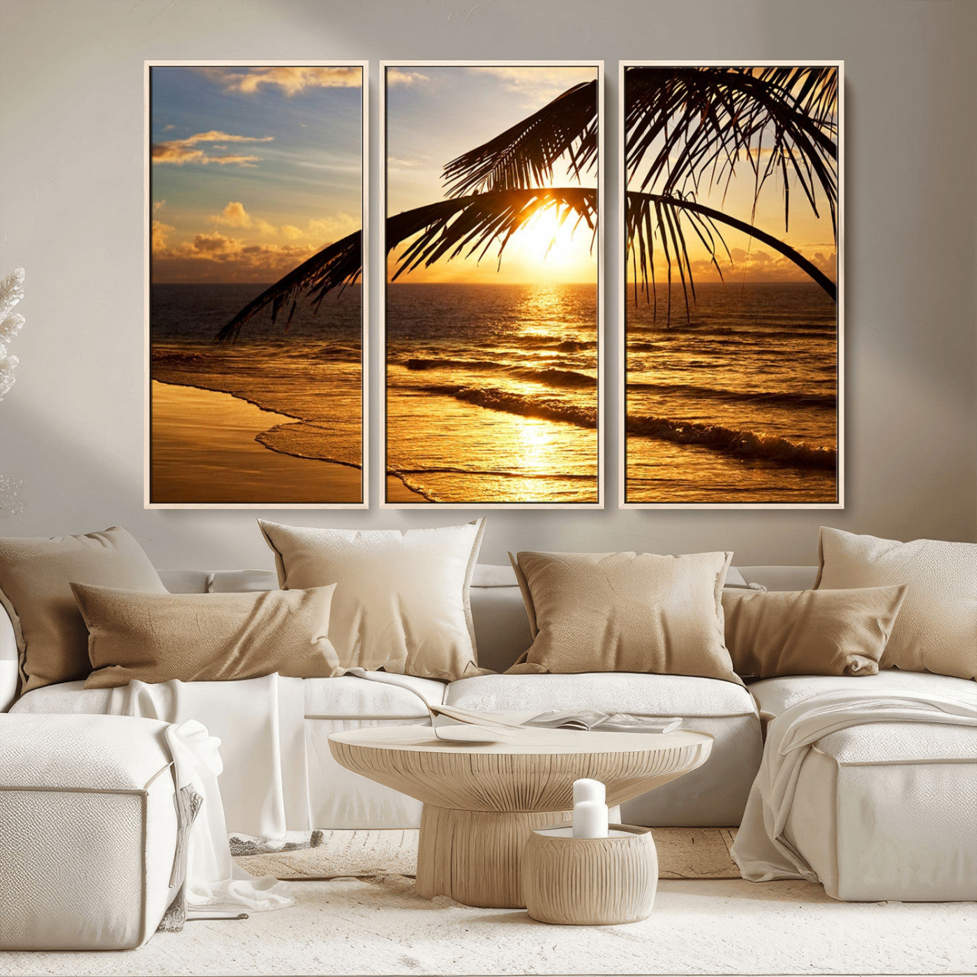 -Golden Tropical Beach Sunset Canvas Triptych, Coastal Palm Tree Wall Art, Ocean Shoreline Giclee