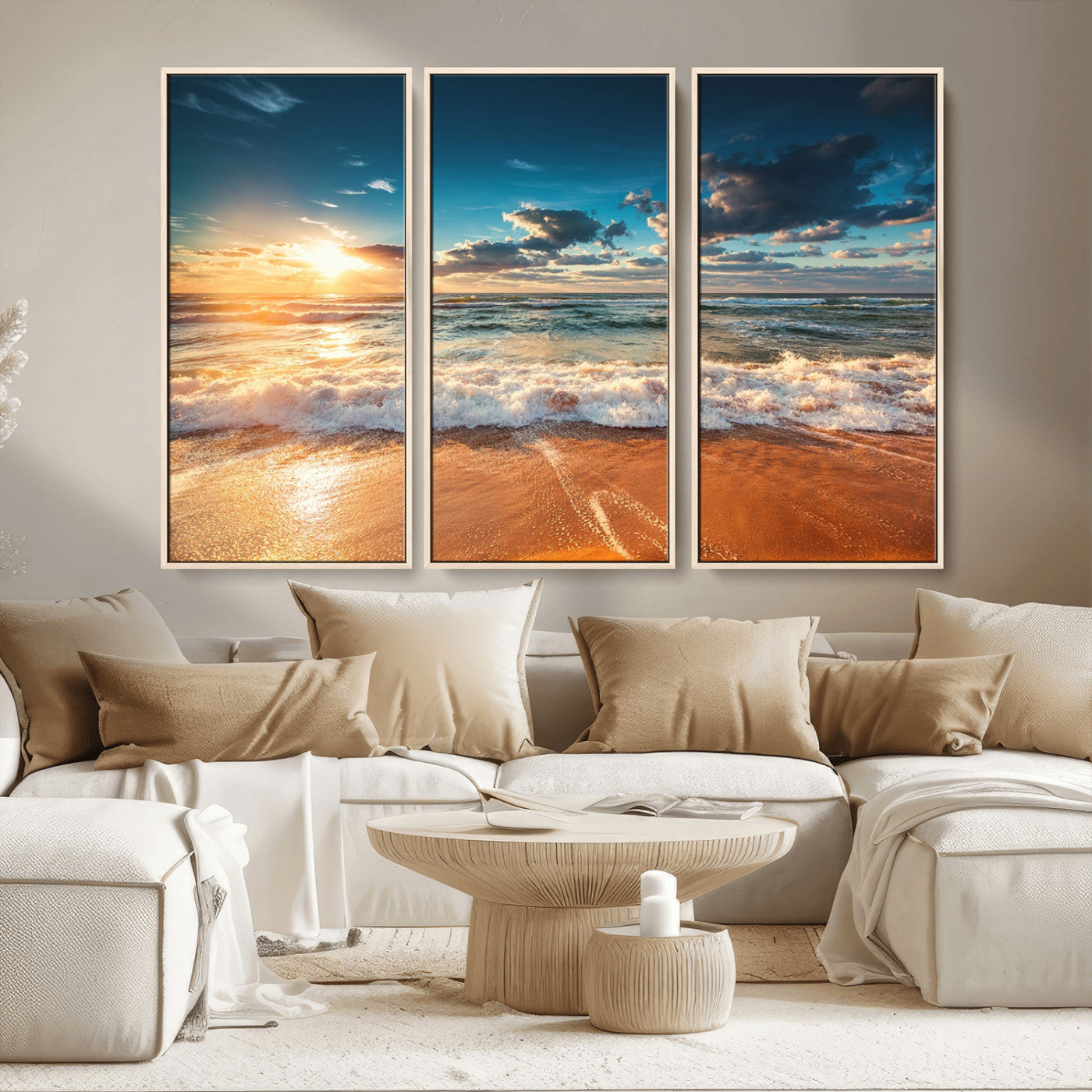 -Golden Sunset Beach Triptych Canvas Art, Giclee Coastal Wall Decor, Ocean Waves Print, Modern Beach