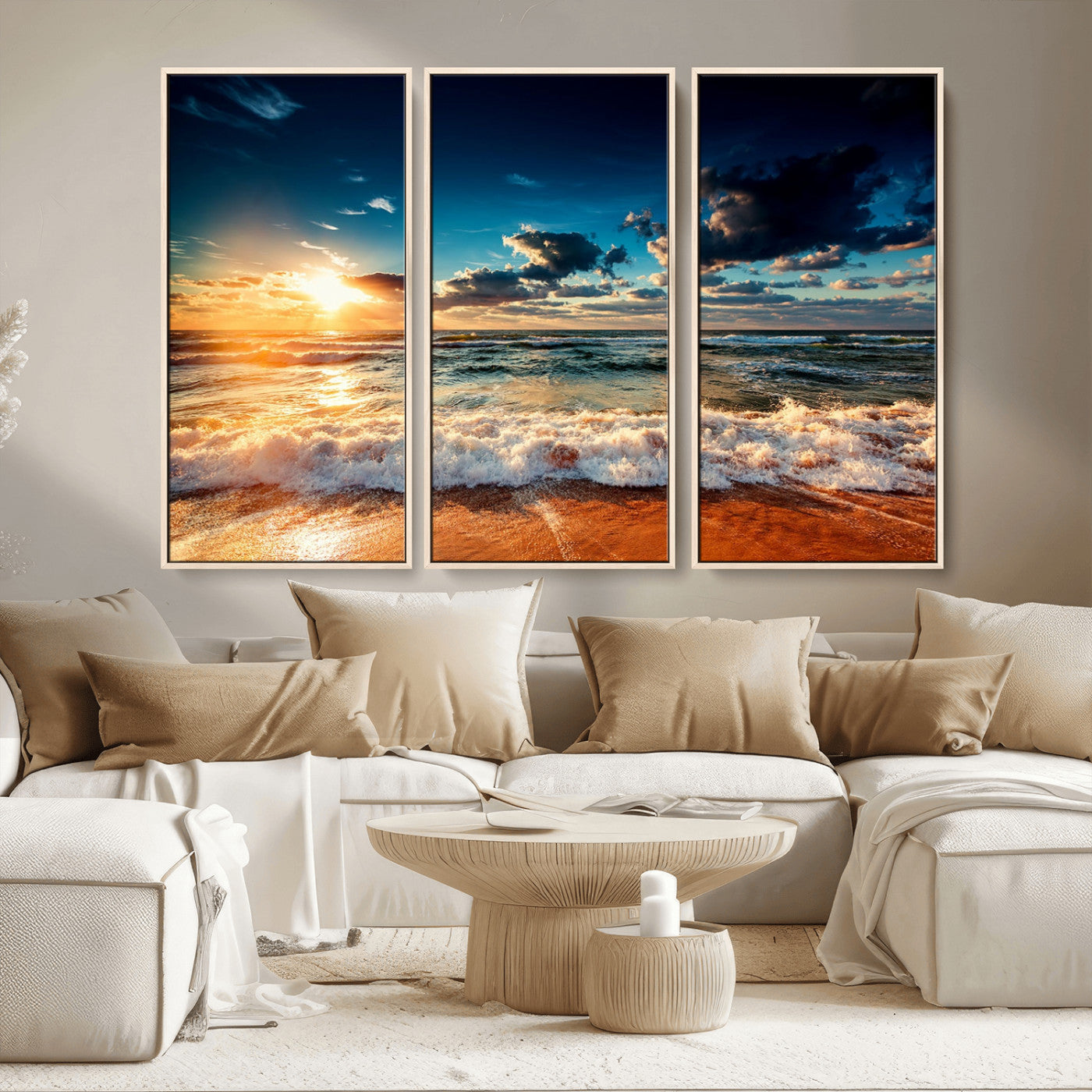 -Golden Hour Sunset Over Ocean Waves Wall Art Canvas Print | 3 Panel Coastal Landscape Canvas Wall