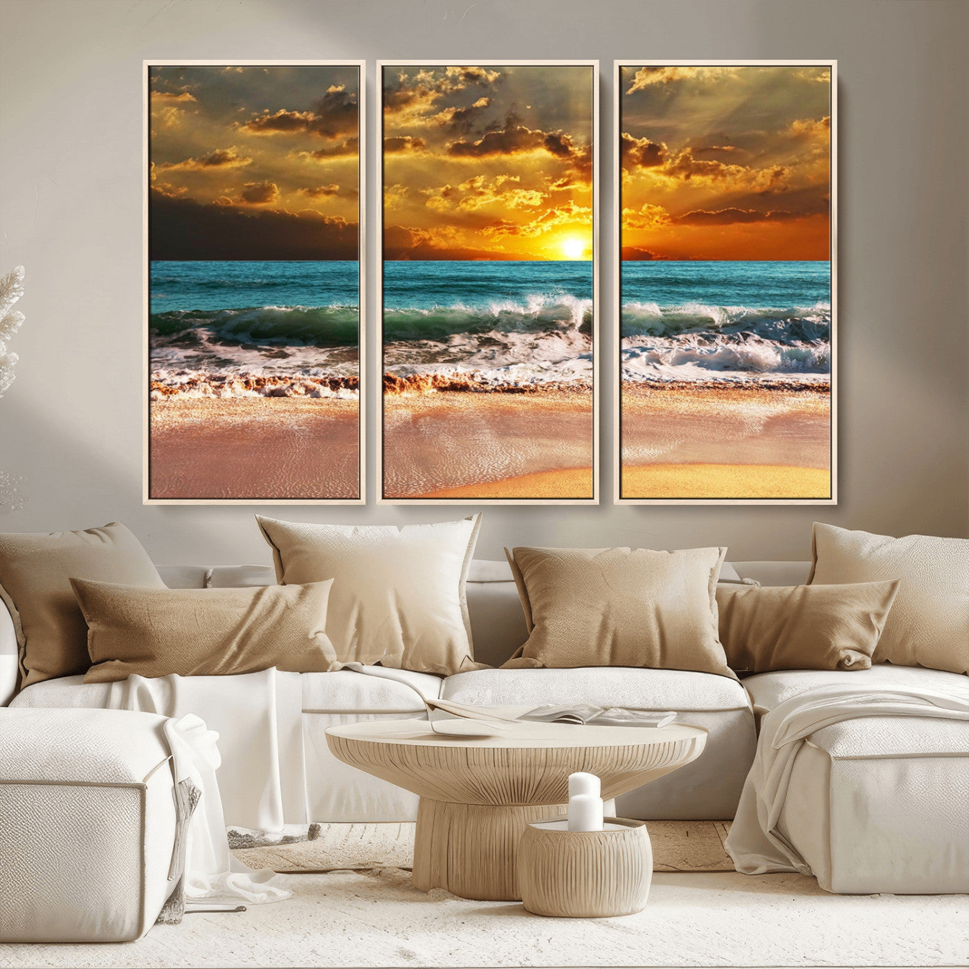 16495-MGV-CV-36X24-Golden Sunset Beach Canvas Wall Art – Triptych Seascape Print – Framed and Ready to Hang for Living