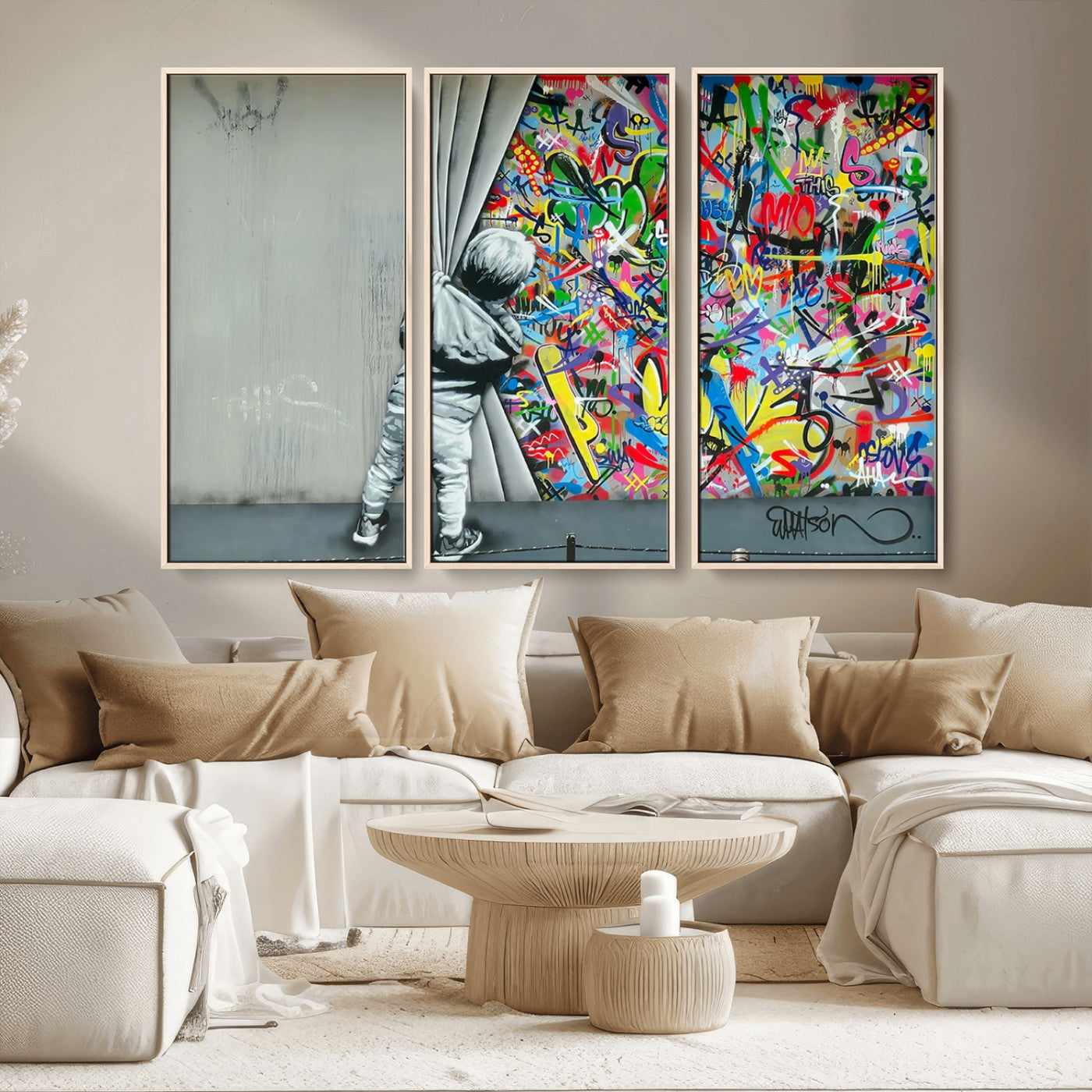 51713-MGV-CV-36X24-Banksy Colorful Street Graffiti Canvas Wall Art Print, Modern Art Triptych, Child and Graffiti Wall,