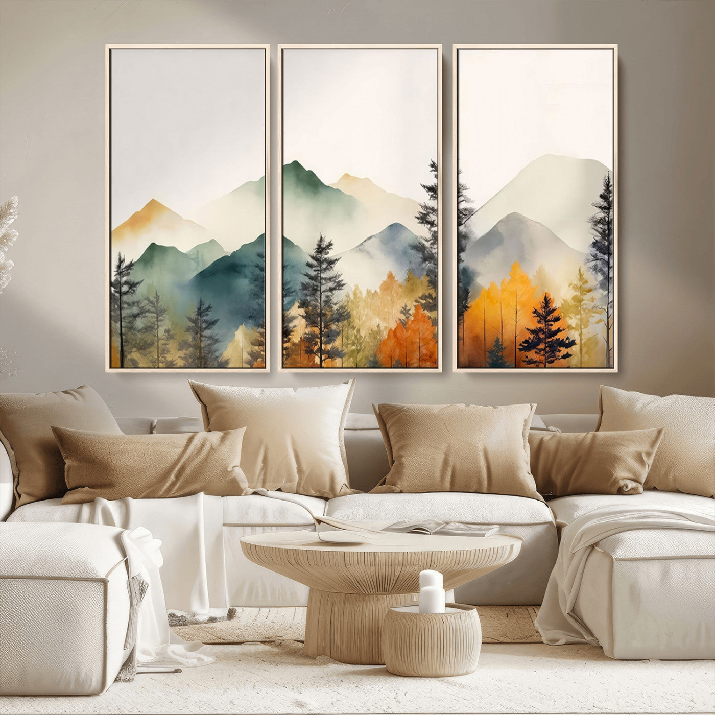 25689-MGV-FC-48X32-3P_Natural-Abstract Watercolor Mountains and Trees Autumn Wall Art, Mountains and Trees Autumn Wall Art Canvas