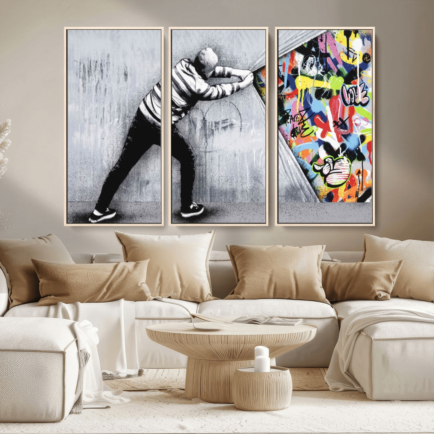 52252-MGV-CV-36X24-Banksy Art Behind the Curtain Street Wall Art Canvas Print | 3-Panel Urban Graffiti-Inspired Wall