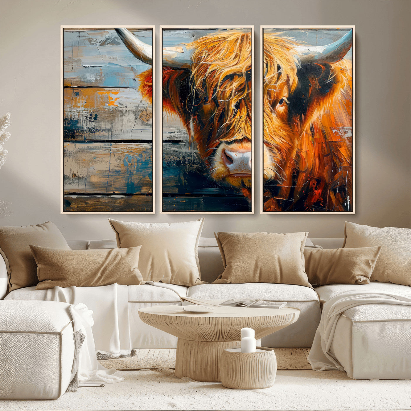 -Highland Cow Abstract Canvas Wall Art – Bold Farmhouse Rustic Decor – Ready to Hang