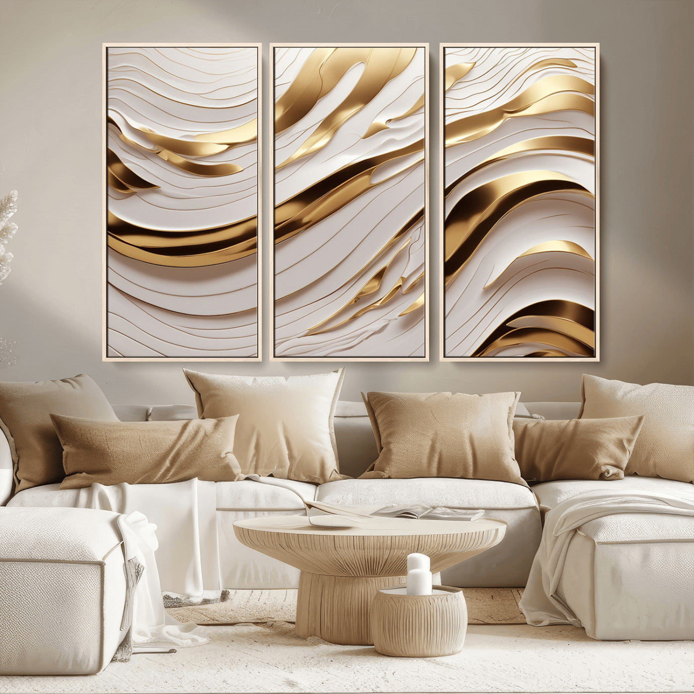 81197-MGV-CV-36X24-Gold and White Abstract Wave Canvas – Elegant Flowing Design with Luxurious Golden Accents –
