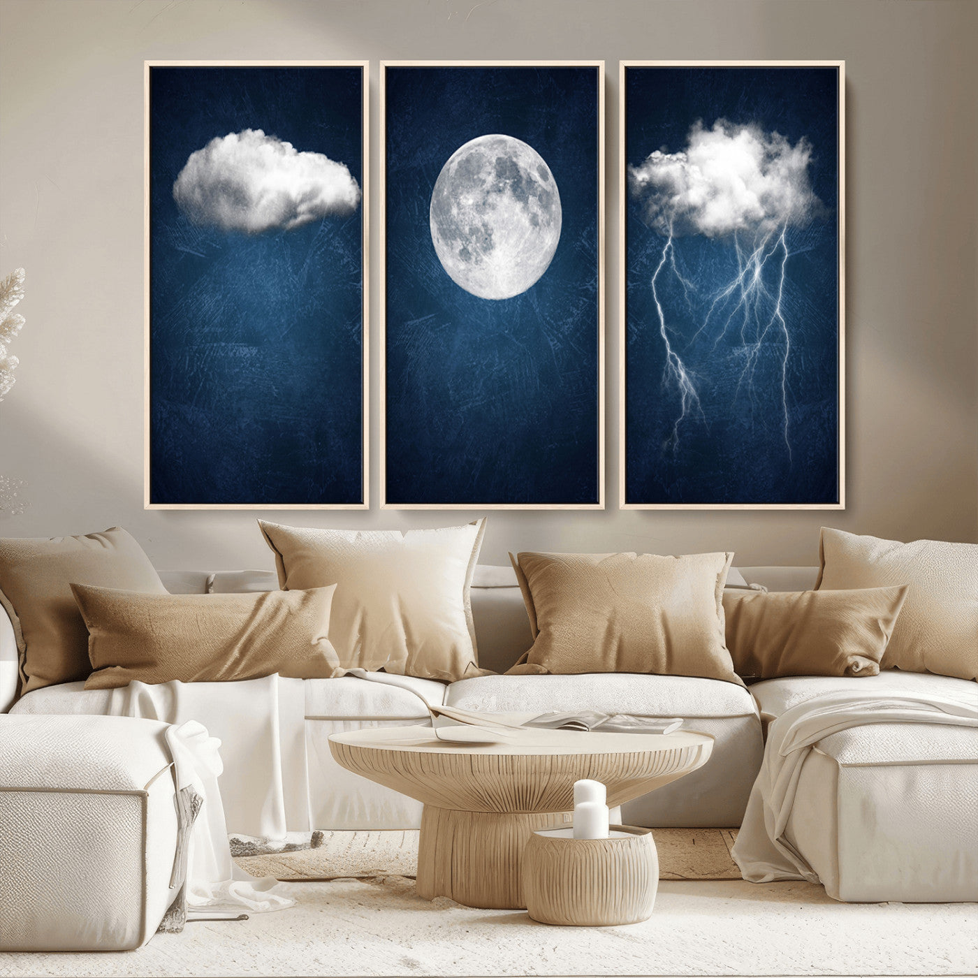 96569-MGV-CV-36X24-Dark Blue Cloud Art, 3 Piece Indigo Blue Wall Art, Aesthetic Surreal Art, Thunderstorm Moon Cloud