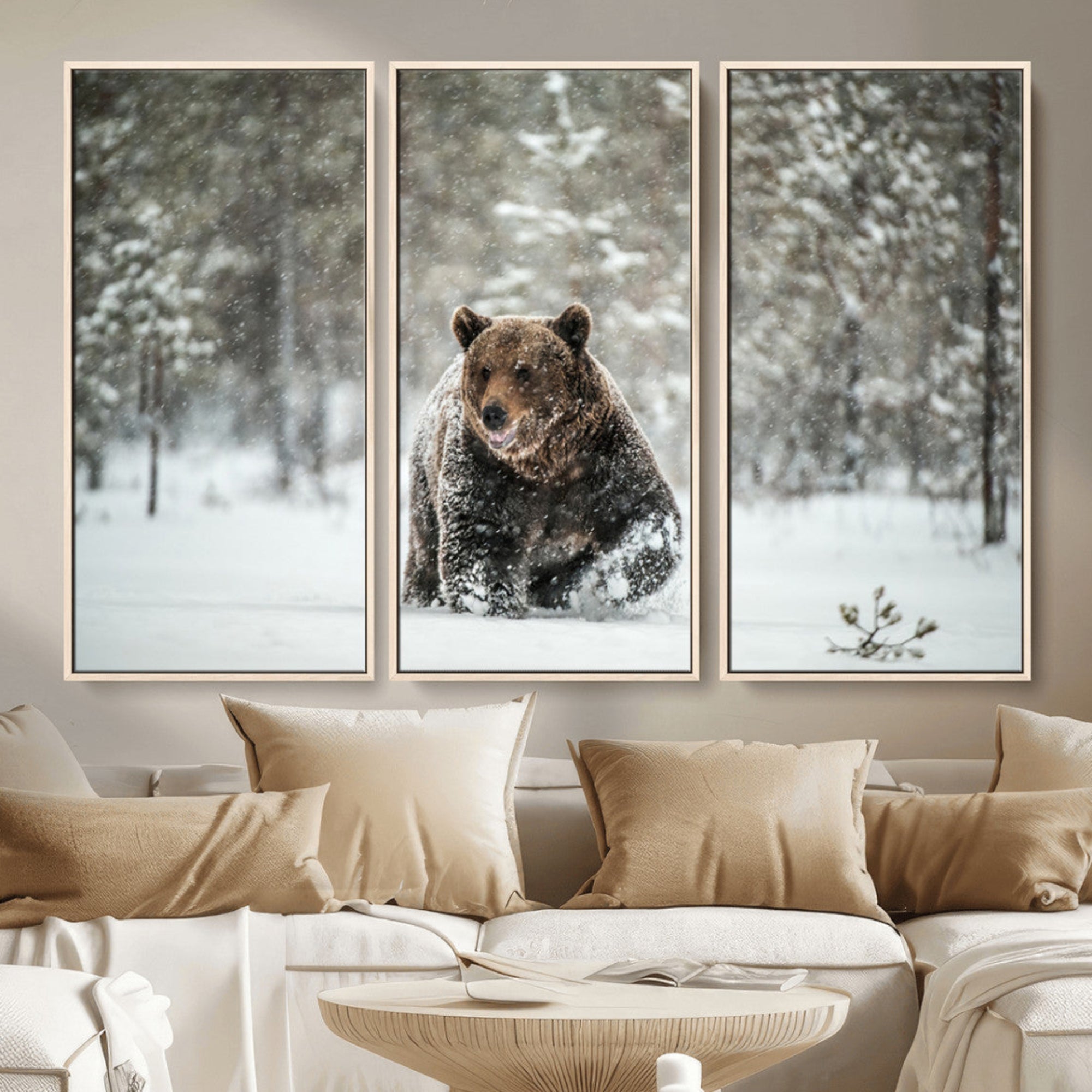 A majestic brown bear moves through a snowy forest landscape, surrounded by falling snowflakes, capturing the essence of wildlife in winter.