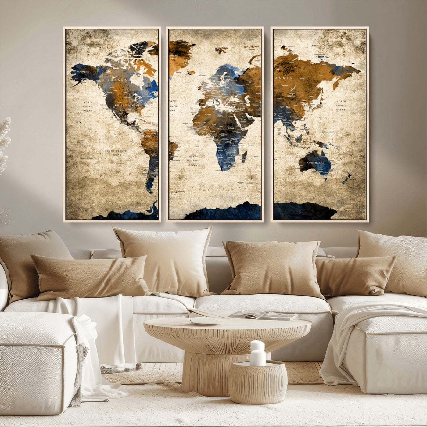 51140-MGV-CV-36X24-World Map Wall Art – Antique Style Blue and Brown Map Canvas Print, Classic Travel Wall Decor for Home Office or Study Room