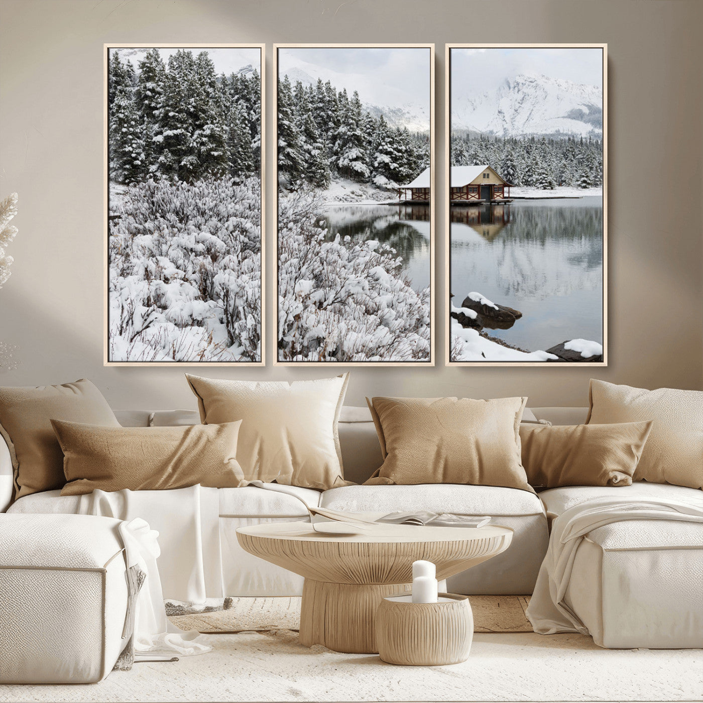 -Winter Wall Art - Cabin by the Lake Canvas Wall Art - Serene Snowy Landscape with Mountain View,